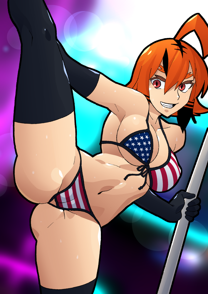 1girls 2019 ahoge american_flag_bikini ass bikini breasts cameltoe cleavage gloves grin leifoo liresline long_gloves looking_at_viewer one_leg_up orange_hair original print_bikini red_eyes short_hair stripper_pole sweat tagme thighhighs vertical_splits