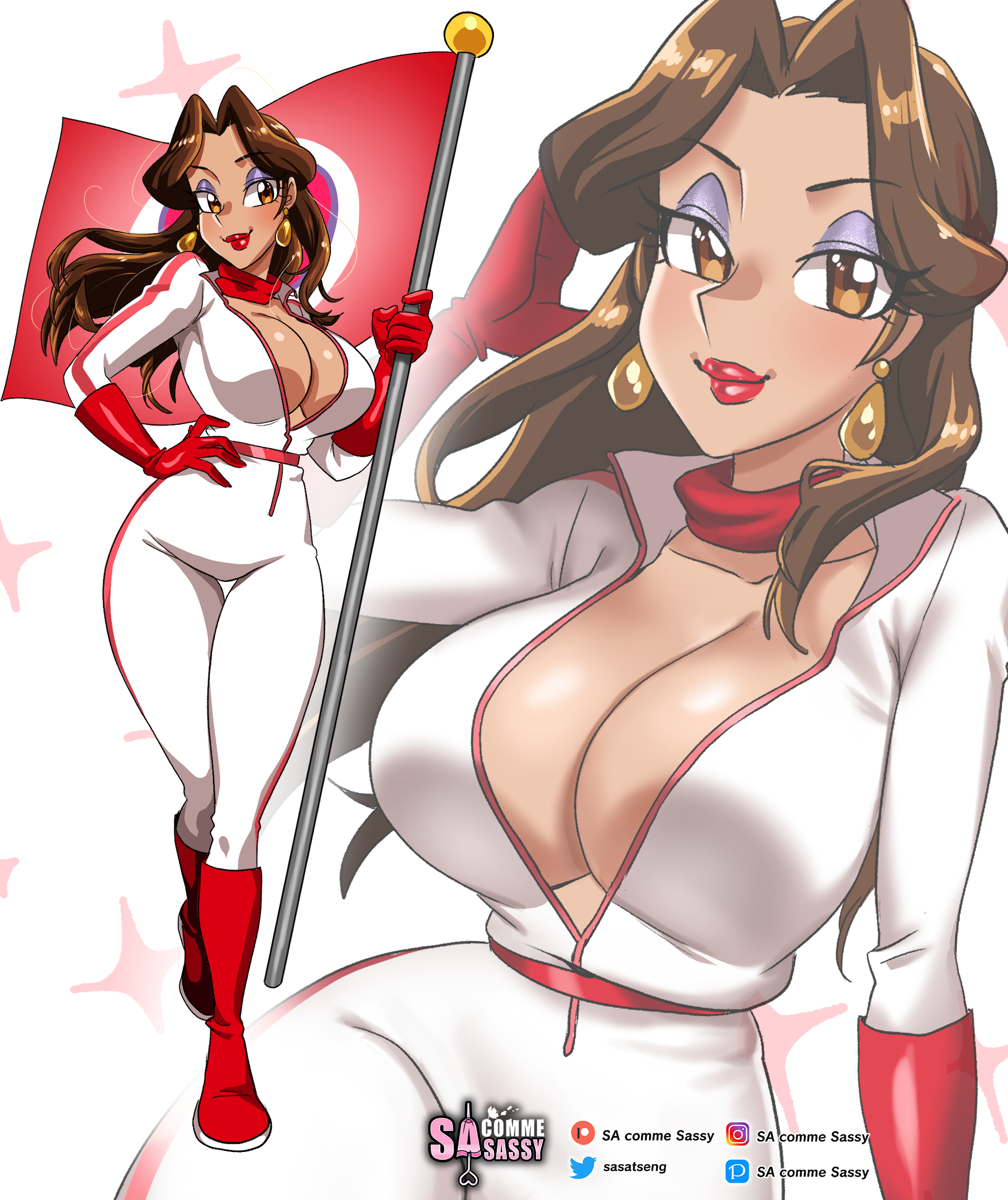 1girls, big breasts, blue eyes, bodysuit, boots, breasts, brown hair, cleavage, clothing, dark skin, earrings, eyeshadow, female, female only, flag, glitter eyeshadow, gloves, human, large breasts, lipstick, makeup, mario (series), mario kart, nintendo, pauline, pauline (aero), purple eyeshadow, red lipstick, sasatseng, super mario bros., thick thighs, wide hips