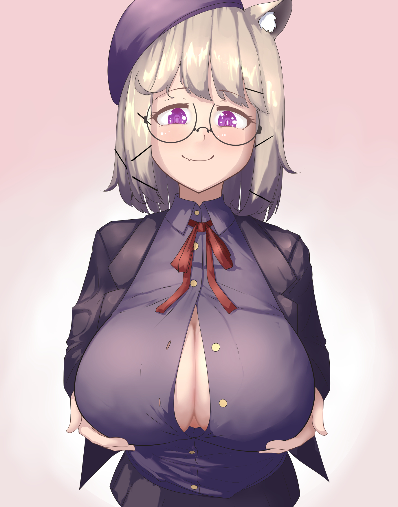 animal ears, arknights, blonde hair, boob window, breasts, cleavage, female, glasses, kemonomimi, looking at viewer, paizuri invitation, purple eyes, red ribbon, sidoaldo, tagme, utage (arknights), utage (disguise) (arknights)