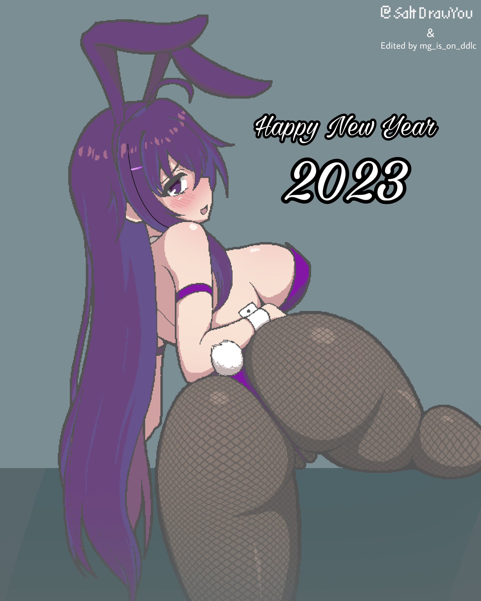 1girls, 2023, blush, blushing, bunny ears, bunny girl, bunny tail, bunnysuit, curvy, doki doki literature club, edit, edited, female, happy new year, looking at viewer, open mouth, purple ears, purple eyes, purple hair, saltdrawyou, solo, text, year of the rabbit, yuri (doki doki literature club)