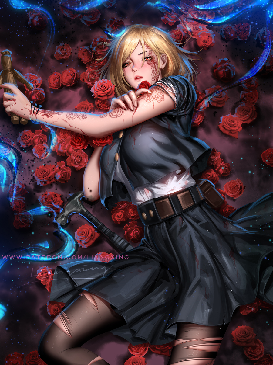 1girls asian asian_female blonde_hair blood broken defeated defeated_heroine female female_only hammer highres imminent_rape injured injury jujutsu_kaisen kugisaki_nobara liang_xing lying medium_breasts on_ground orange_eyes pinned_down pinned_to_floor pubic_hair pussy rape ripped_stockings rose roses school_uniform schoolgirl short_hair solo tattoo teenager voodoo_doll wounded