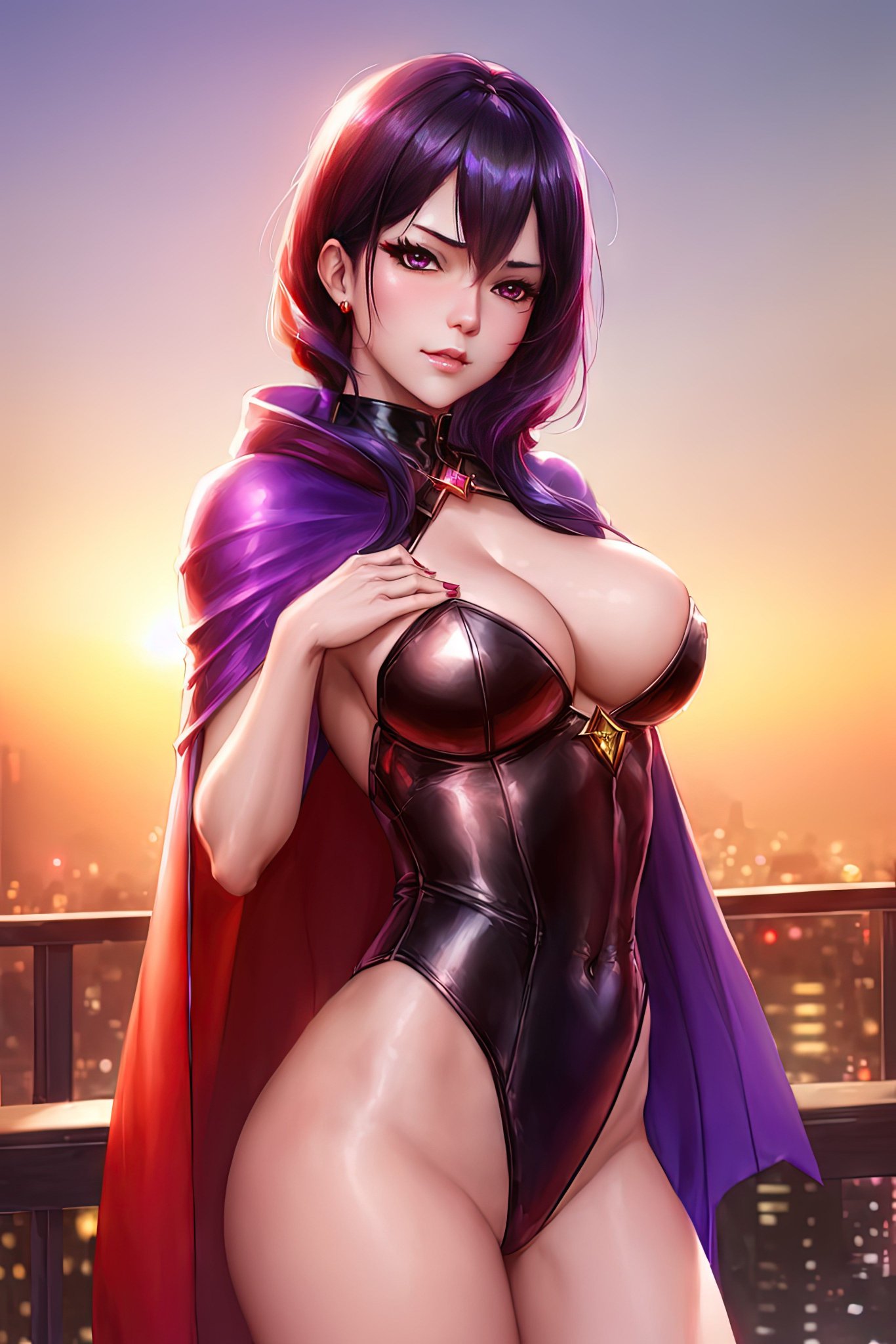 ai generated, curvaceous, curvy female, curvy figure, dc, dc comics, female, female focus, female only, latex, latex leotard, looking at viewer, nai diffusion, rachel roth, raven (cosplay), raven (dc), seductive look, shiny clothes, stable diffusion, teen titans, teenage female, tight clothing, voluptuous female