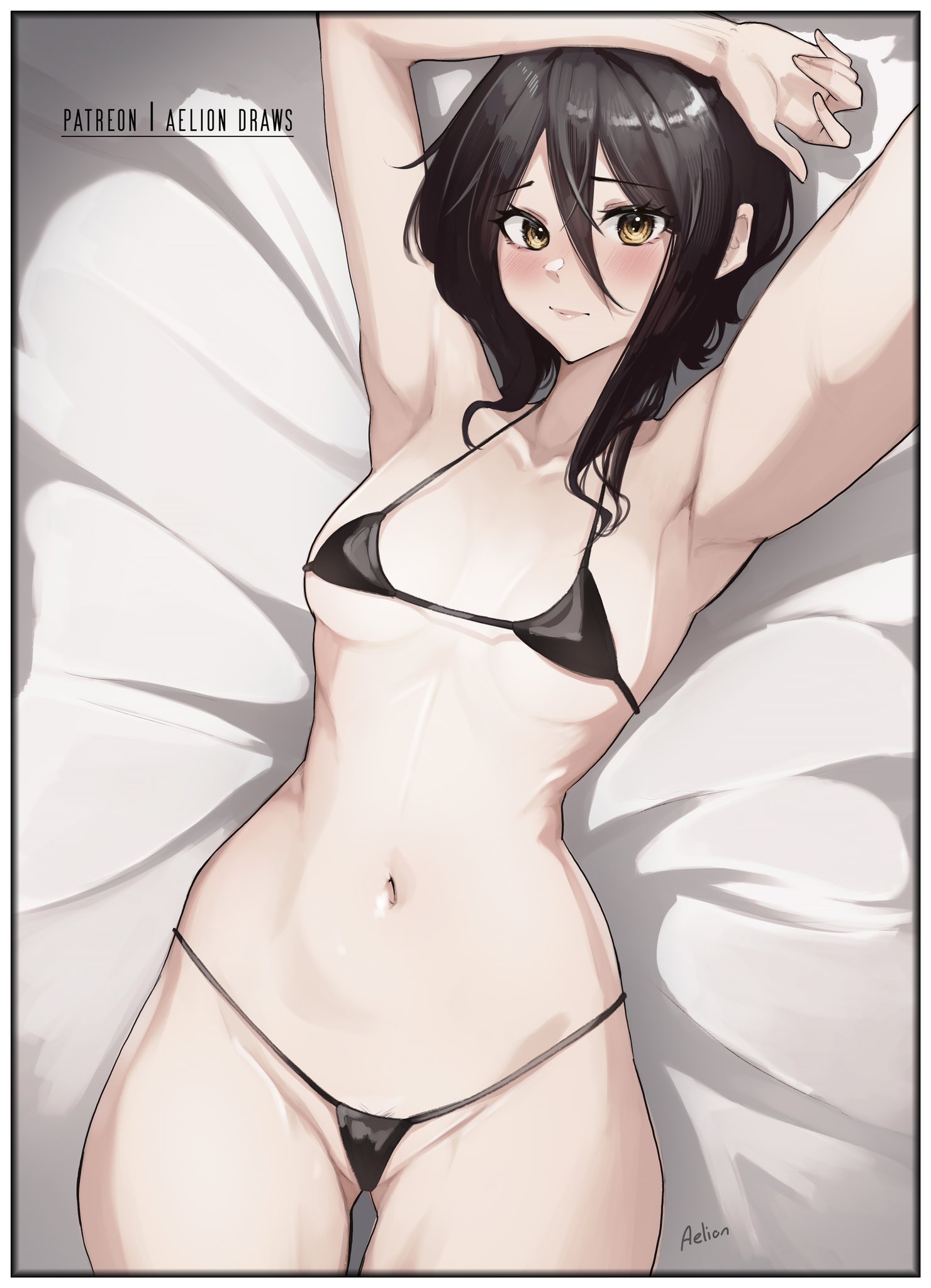 aelion draws, bikini, blush, breasts, chainsaw man, dark brown hair, female, nayuta (chainsaw man), on bed, small breasts, underwear, yellow eyes