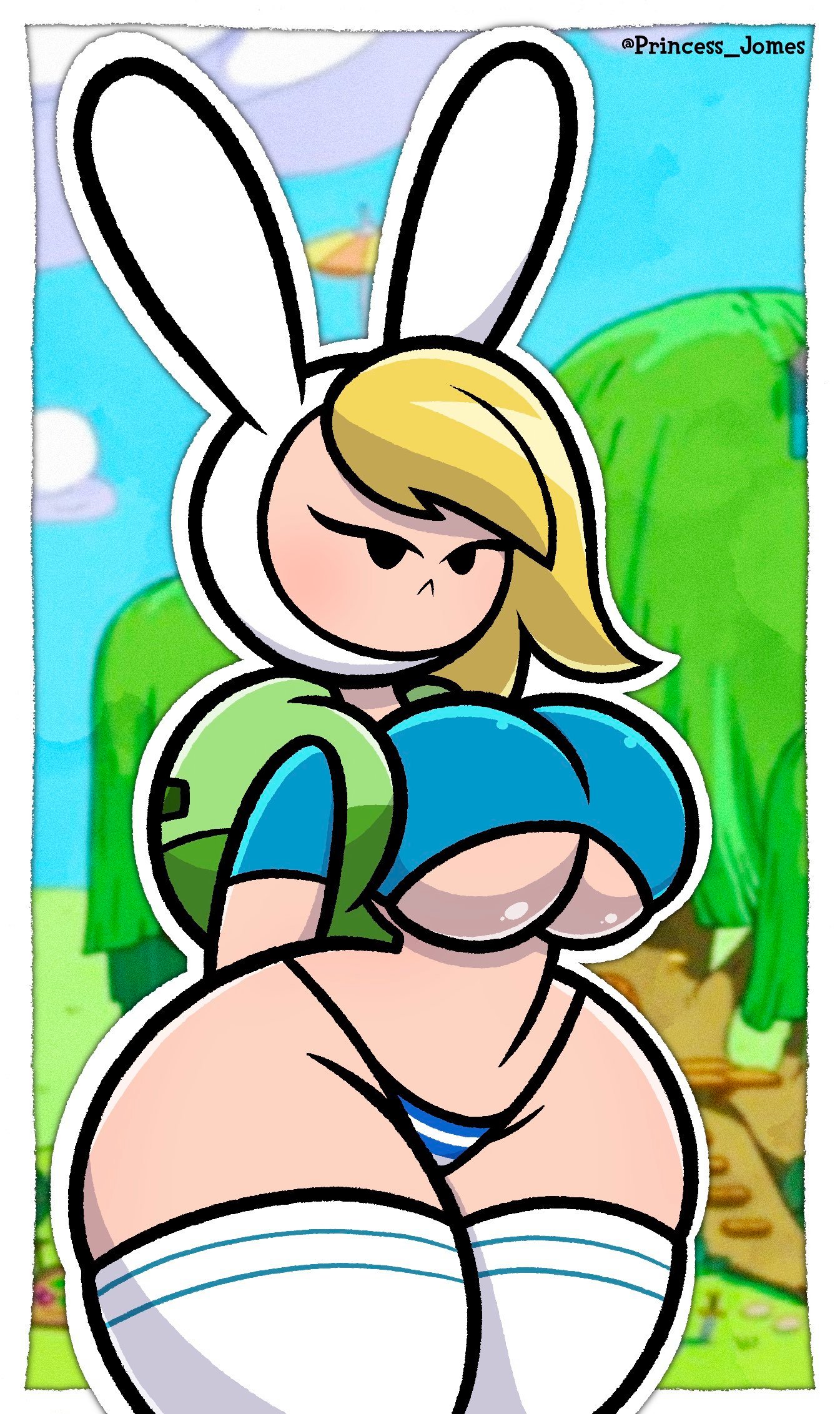 1girls, adventure time, backpack, big breasts, blonde hair, breasts, cartoon network, cleavage, clothed, clothing, female, female only, fionna the human girl, looking at viewer, panties, princess jomes, solo, solo female, standing, underboob, voluptuous, wide hips