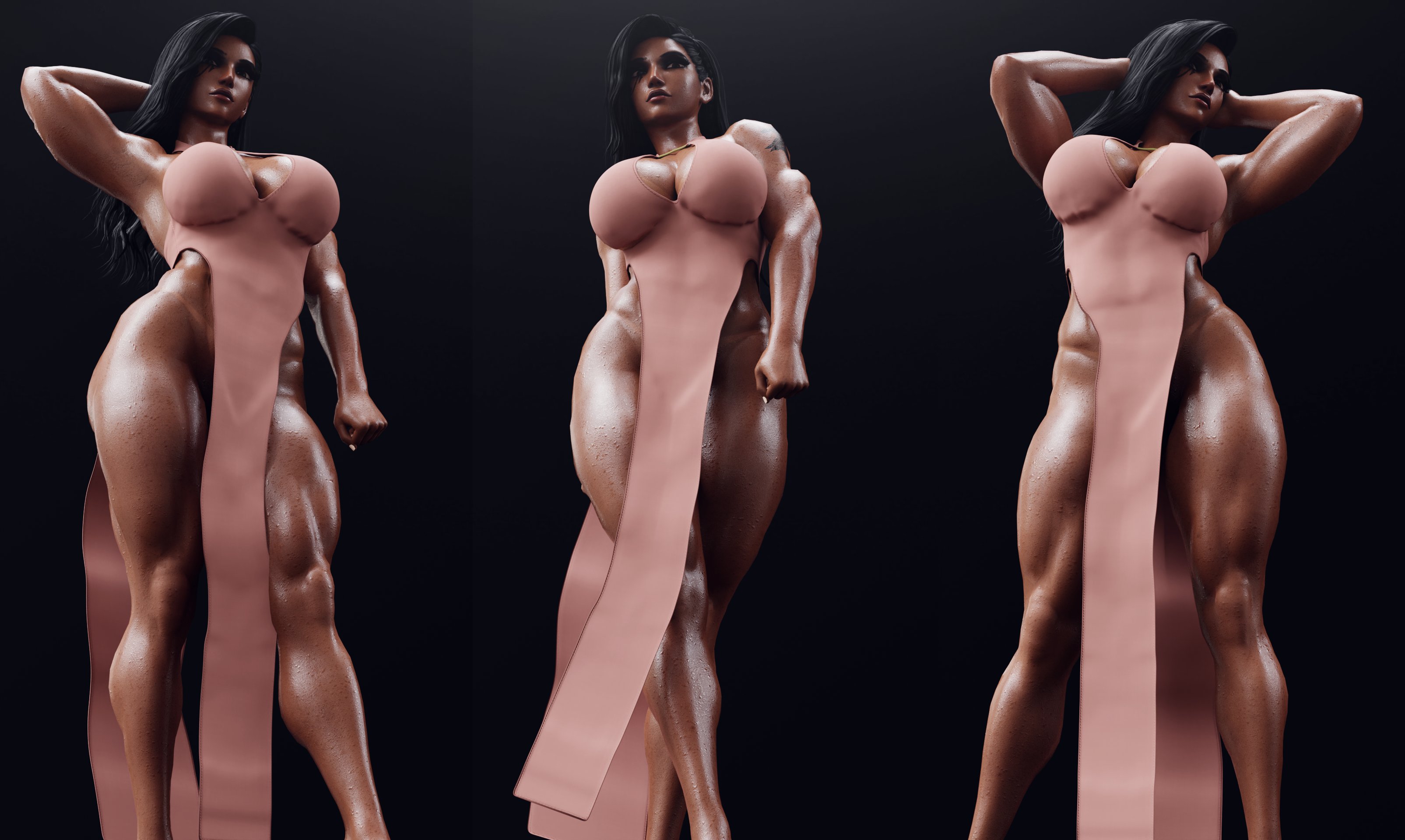 3d, abs, big breasts, black eyes, black hair, blender, blizzard entertainment, breasts, cleavage, clothing, dark skin, dark-skinned female, dress, elegant dress, evening gown, feet, female, gloves, grvty3d, high heels, high resolution, multiple images, muscles, muscular, muscular female, muscular thighs, overwatch, pharah, tattoo, thick thighs