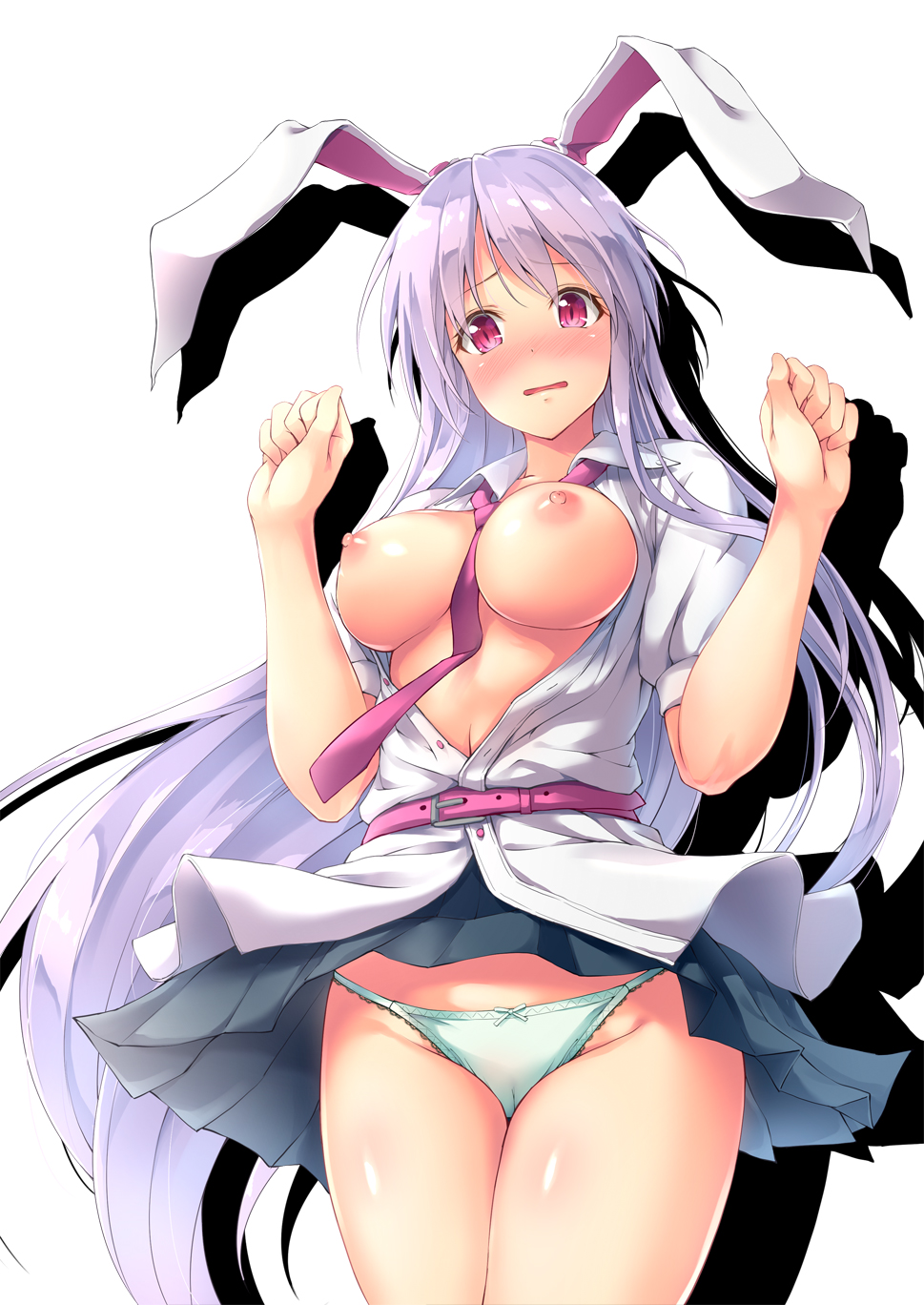 animal_ears awa_yume belt blush breasts breasts_out bunny_ears female full-face_blush green_panties highres long_hair necktie nipples no_bra open_clothes open_mouth open_shirt panties pink_eyes pleated_skirt purple_hair reisen_udongein_inaba shirt short_sleeves simple_background skirt touhou underwear very_long_hair white_background white_shirt