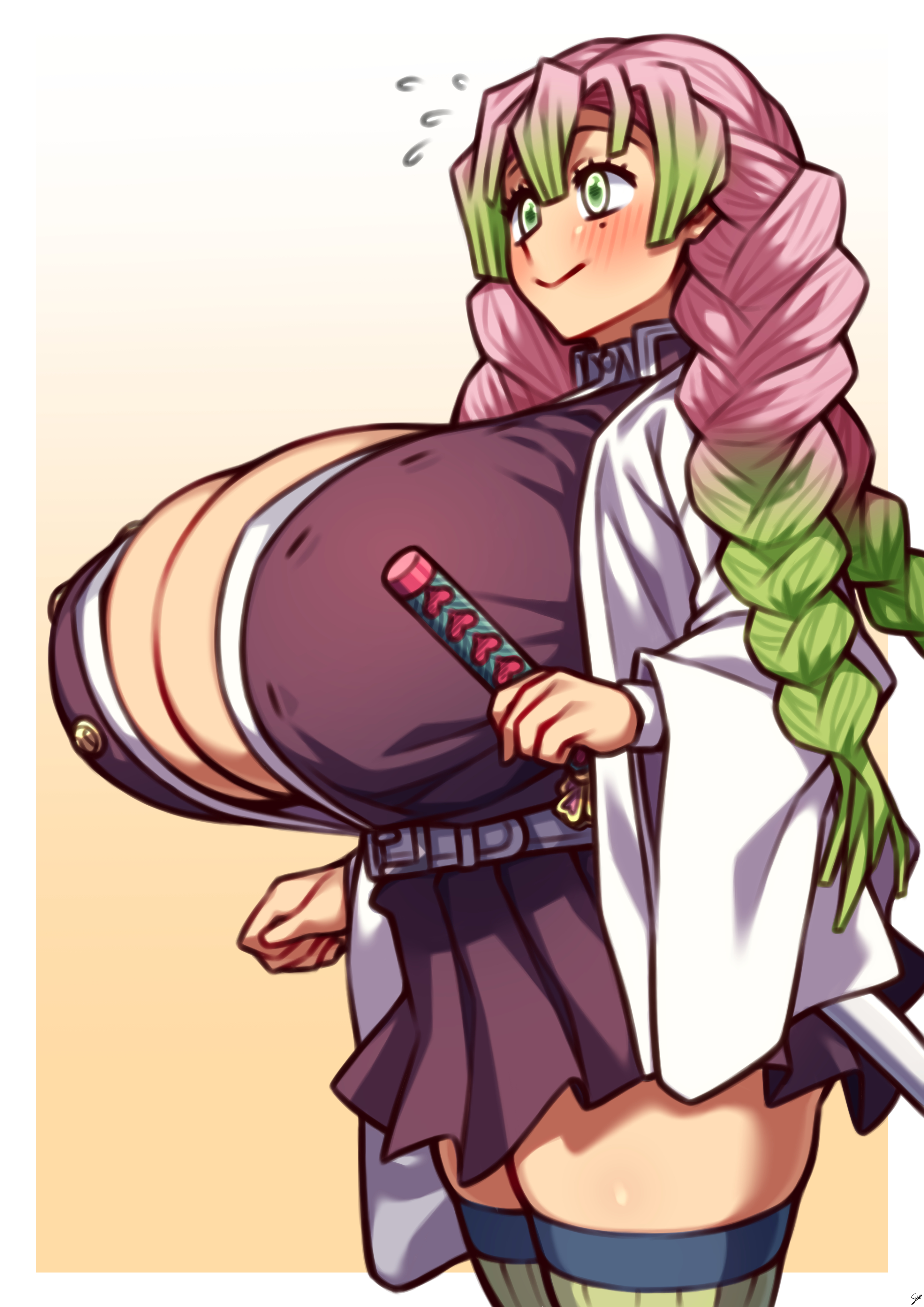 1girls, alternate breast size, big breasts, blush, breasts, coffeelove68, demon slayer, female, female focus, female only, green eyes, high resolution, huge breasts, kanroji mitsuri, kimetsu no yaiba, legwear, long hair, massive breasts, pink and green hair, solo, standing, thick thighs, thighhighs, thighs, twin braids, two-tone hair, voluptuous