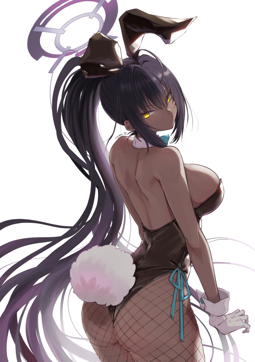 1girls, ass, bare back, bare shoulders, black hair, blue archive, breasts, bunny ears, bunny girl, bunny tail, bunnysuit, cleavage, dark skin, dark-skinned female, eudetenis, female, female only, fishnet, fishnet pantyhose, footwear, hair between eyes, human, human only, karin (blue archive), karin (bunny girl) (blue archive), karin (bunny) (blue archive), large ass, large breasts, long hair, looking at viewer, pantyhose, playboy bunny, ponytail, simple background, solo, thick thighs, thighs, white background, white gloves, wide hips, wrist cuffs, yellow eyes