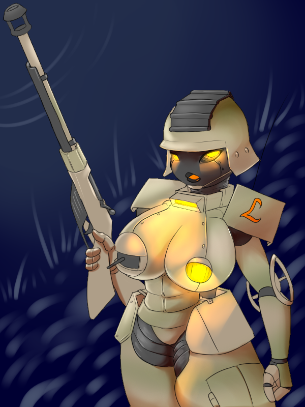 anthro armor big_breasts blackbetty breasts female glowing glowing_eyes living_machine living_tank living_vehicle looking_at_viewer machine nipples not_furry nude original_character panzerkampfwagen_iv ranged_weapon solo tank thick_thighs vehicle weapon