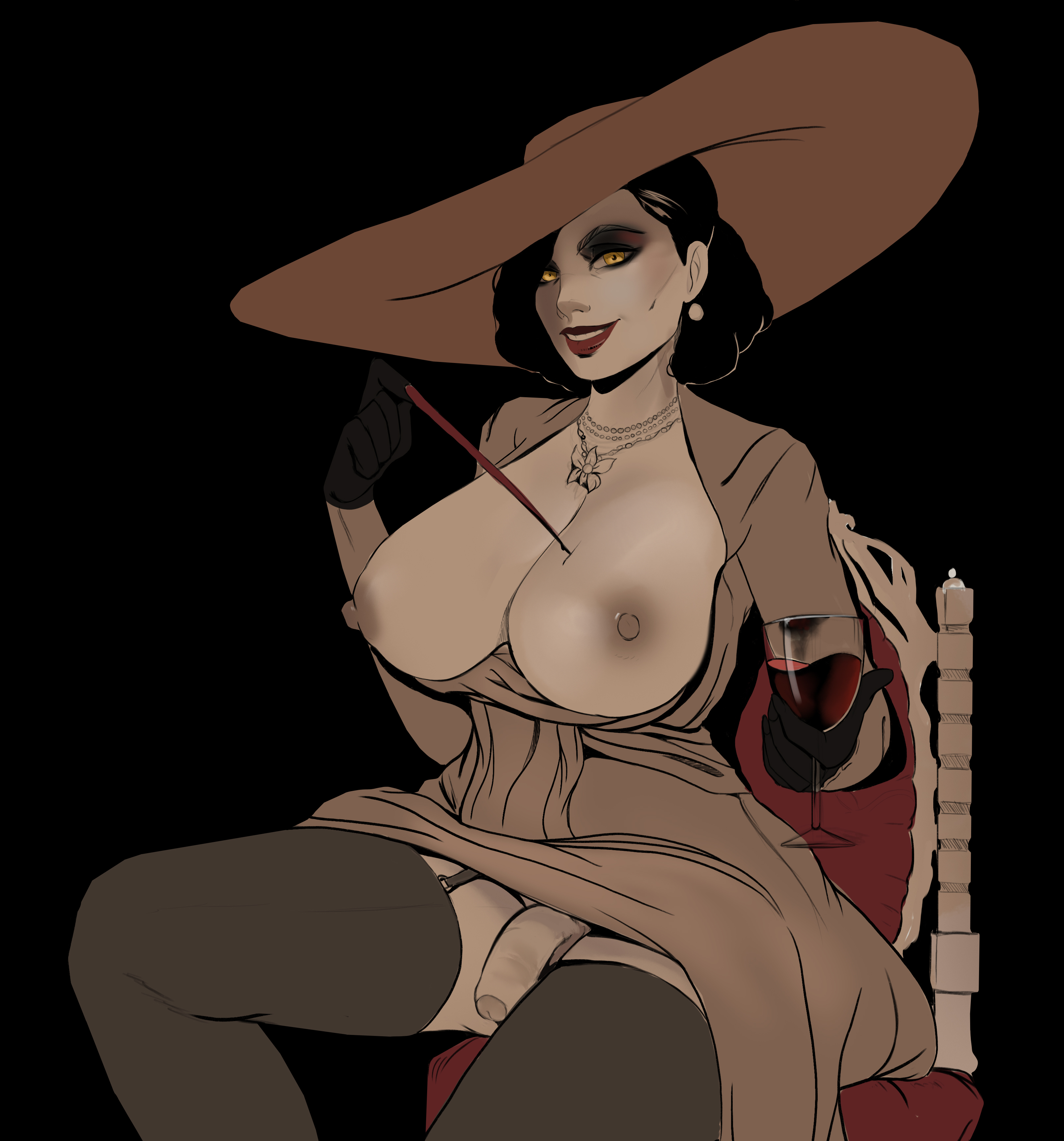 1futa, alcina dimitrescu, areolae, black hair, breasts, breasts out, clothed, clothing, flaccid, functionally nude, futa only, futanari, glass, holymeh, humanoid, humanoid penis, intersex, medium penis, mostly clothed, nipples, penis, resident evil, resident evil 8: village, sitting, solo, thighhighs, uncensored, wine, wine glass