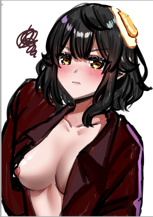 1girls annoyed big_breasts black_hair blush blushing_at_viewer braless breasts breasts_out egg egg_on_hair egg_on_head eggy_tamagoki_(vtuber) eggytamagoki_(artist) exposed_breasts indie_virtual_youtuber looking_at_viewer medium_breasts no_bra shirt_open short_hair solo solo_female solo_focus sunny_side_up_egg upper_body virtual_youtuber white_background yellow_eyes