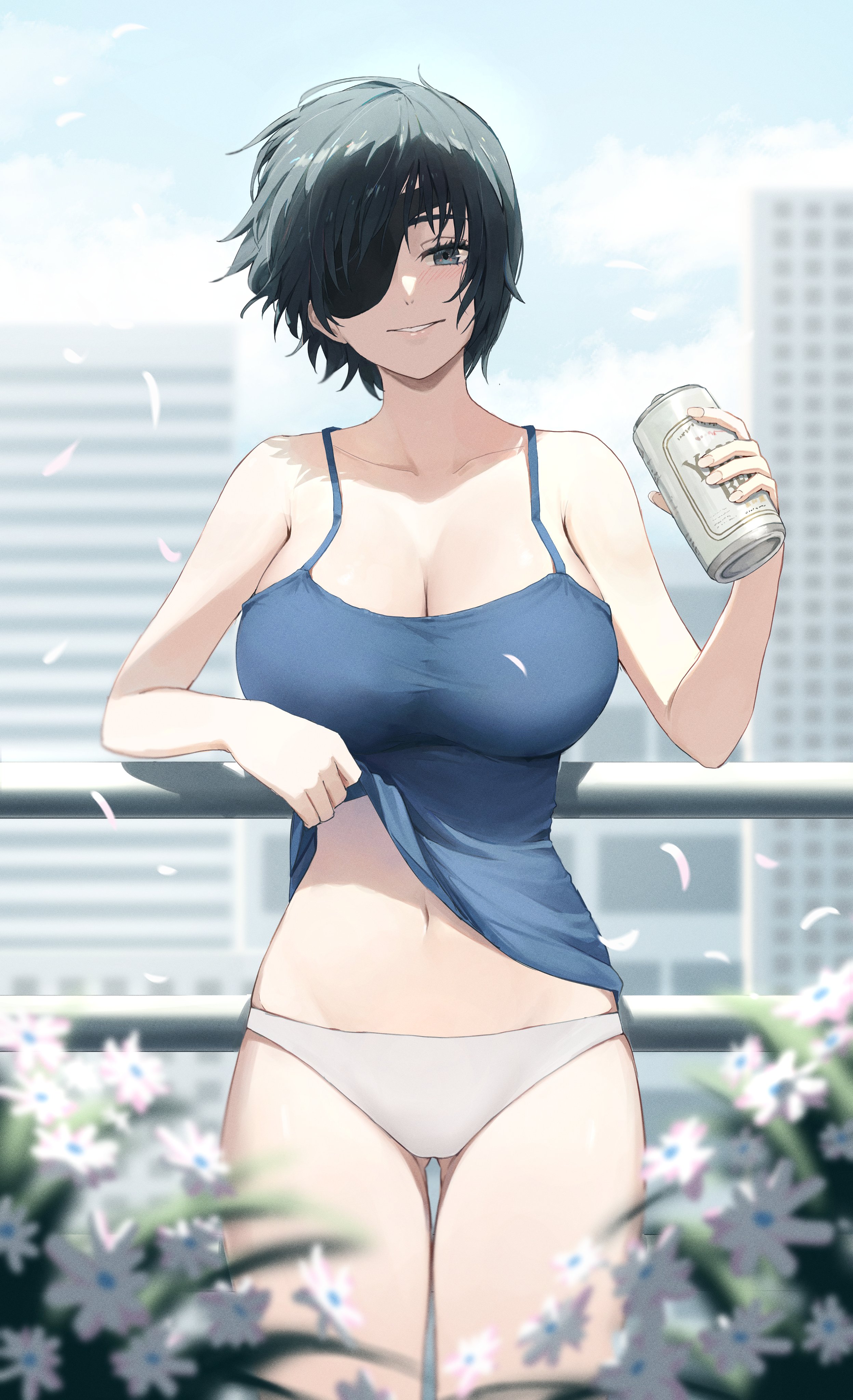 1girls, adult, adult female, beer, beer can, big boobs, big breasts, black hair, black-haired female, blue eyes, blue-eyed female, breasts, busty, busty female, chainsaw man, cleavage, curvaceous, curvaceous body, curvaceous female, curvaceous figure, curvaceous hips, curvy, curvy body, curvy female, curvy figure, curvy hips, drunk, drunk female, drunken eyes, eyepatch, female, female only, grin, himeno (chainsaw man), huge boobs, huge breasts, large boobs, large breasts, light skin, light-skinned female, looking at viewer, mappa, mature, mature female, outdoor, outdoors, outside, panties, parted lips, pigone, plump breasts, shirt lift, short hair, smile, smiley face, smiling, smiling at viewer, thigh gap, underwear, white panties, white underwear