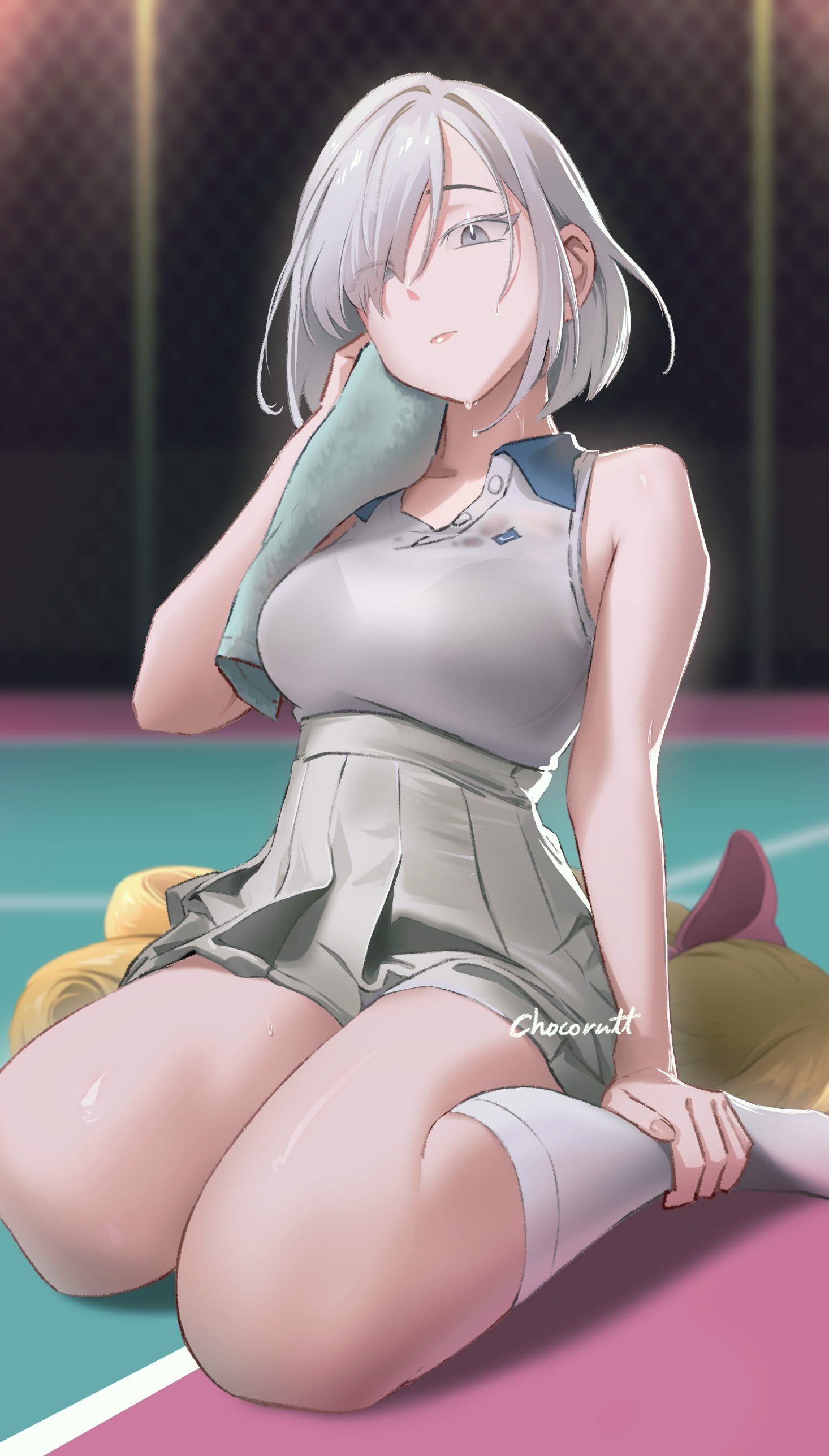1girls, alternate costume, chocorutt, female, female only, fiona frost, human, knee socks, kneehighs, kneesocks, nightfall (spy x family), official alternate costume, socks, solo, sport, sports uniform, spy x family, tennis uniform, white hair, white socks