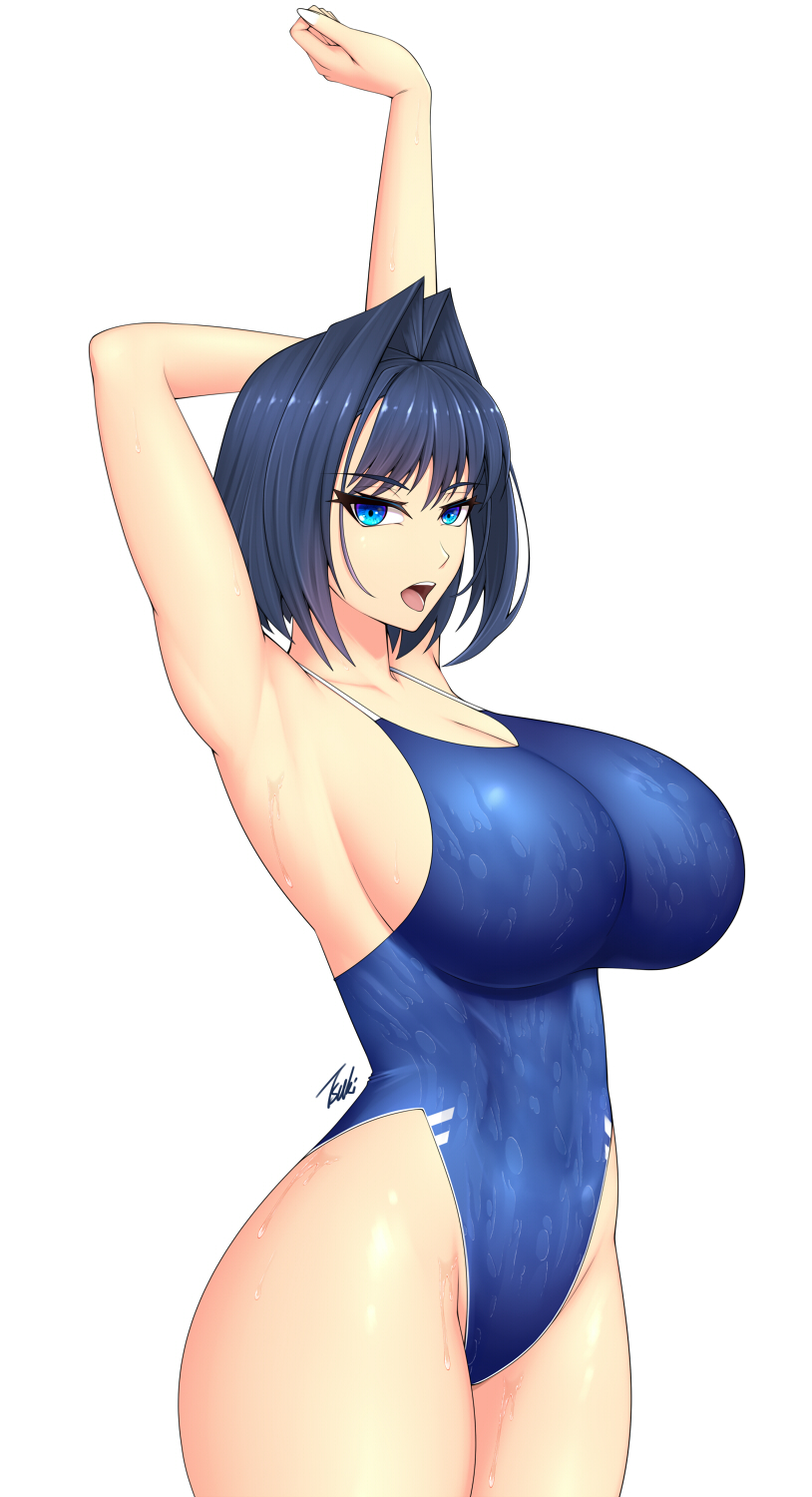 1girls armpits arms_behind_head big_breasts blue_eyes blue_hair breasts busty cleavage female female_only highres hololive hololive_english hololive_english_-council- hololive_english_-promise- large_breasts legs looking_at_viewer one-piece_swimsuit open_mouth ouro_kronii sexy_armpits solo swimsuit thighs tsuki_riven virtual_youtuber voluptuous wet