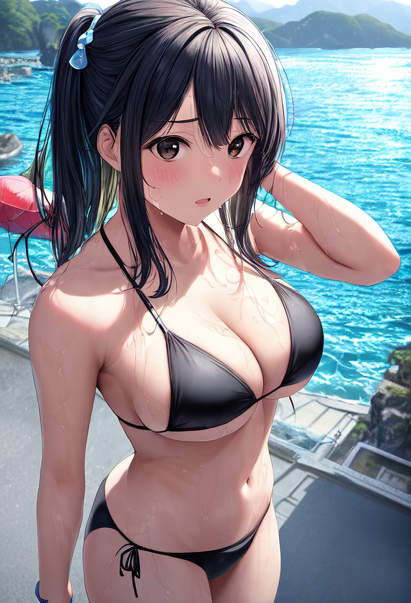 2023, ai generated, black hair, curvy female, curvy figure, female, female only, long hair, nai diffusion, stable diffusion, voluptuous female, wet bikini, wet body