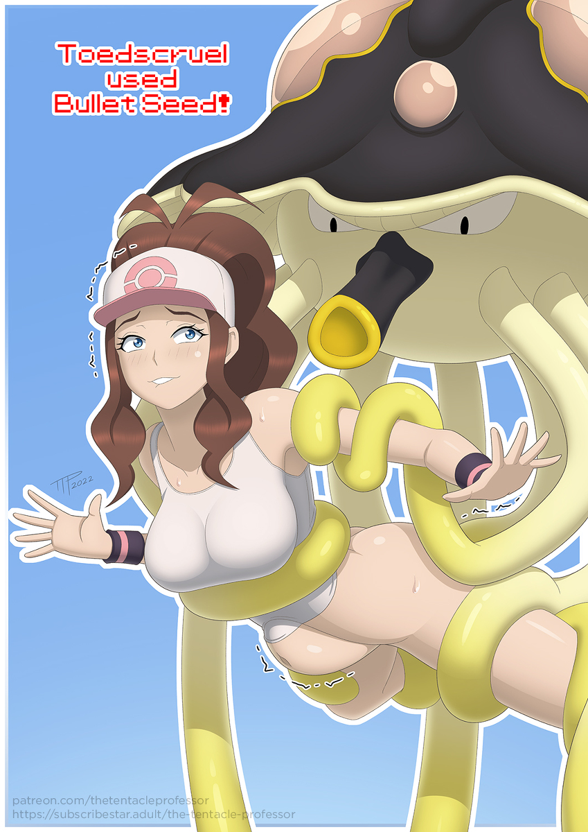 1girls 2022 armband ass big_belly big_breasts blue_eyes blush bondage breasts brown_hair clenched_teeth clothed clothed_sex clothing female from_behind hat hilda_(pokemon) inflation interspecies legs_apart long_hair male_pokemon/female_human partially_clothed penetration pokemon pokemon_(species) pokemon_bw pokemon_move pokemon_sv pokephilia restrained rikukurage sex shirt size_difference spread_legs stomach_bulge suspension tentacle tentacle_penetration tentacles the_tentacle_professor toedscruel vaginal_penetration white_shirt yellow_tentacles