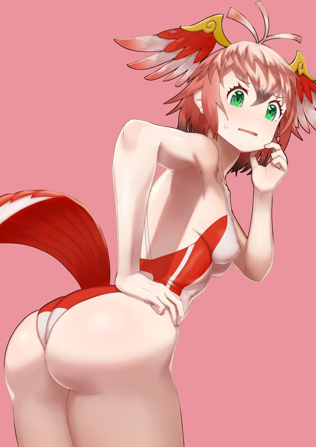 1girls ass ass_focus breasts burikarun erect_nipples female female_only green_eyes kemono_friends red_hair solo suzaku_(kemono_friends) swimsuit tail