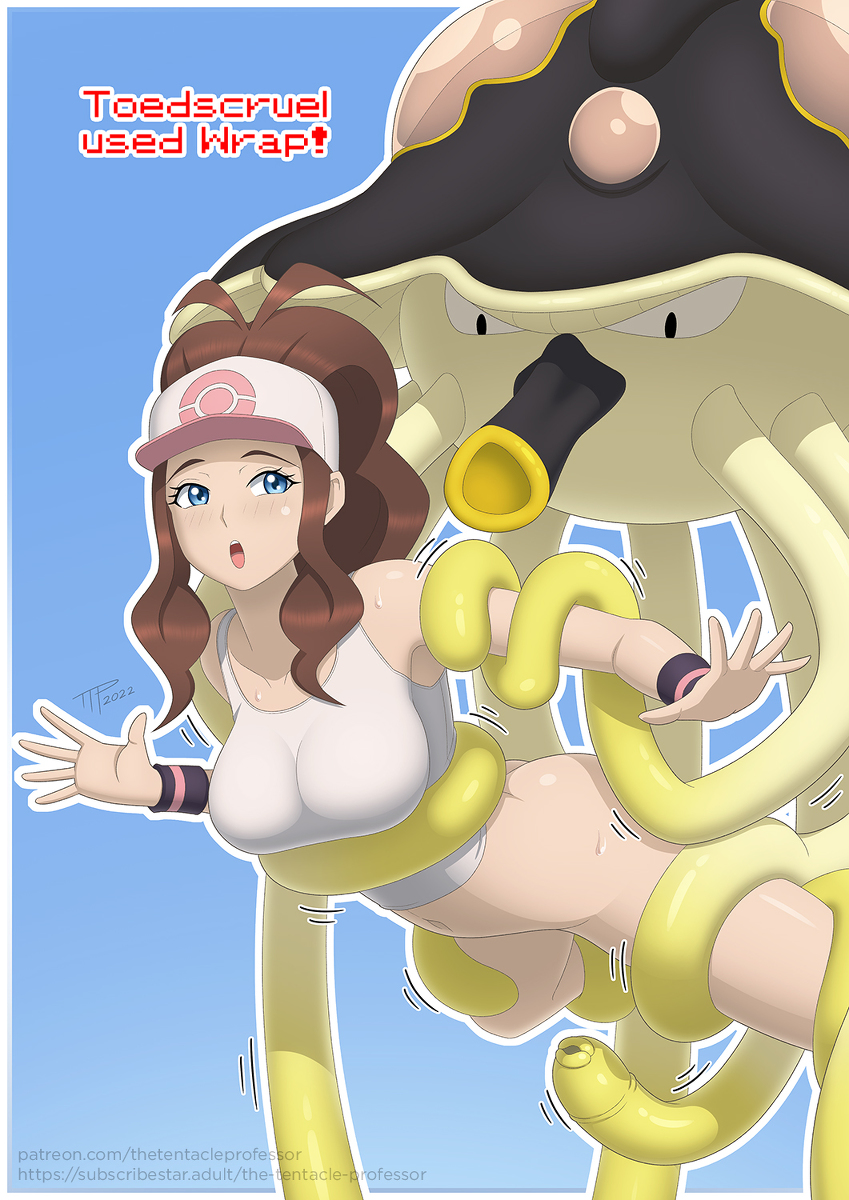 1girls armband big_breasts bondage breasts clothed clothed_sex clothing female hat hilda_(pokemon) imminent_penetration imminent_sex nintendo partially_clothed pokemon pokemon_(species) pokemon_bw pokemon_move pokemon_sv pokephilia restrained rikukurage tentacle the_tentacle_professor toedscruel