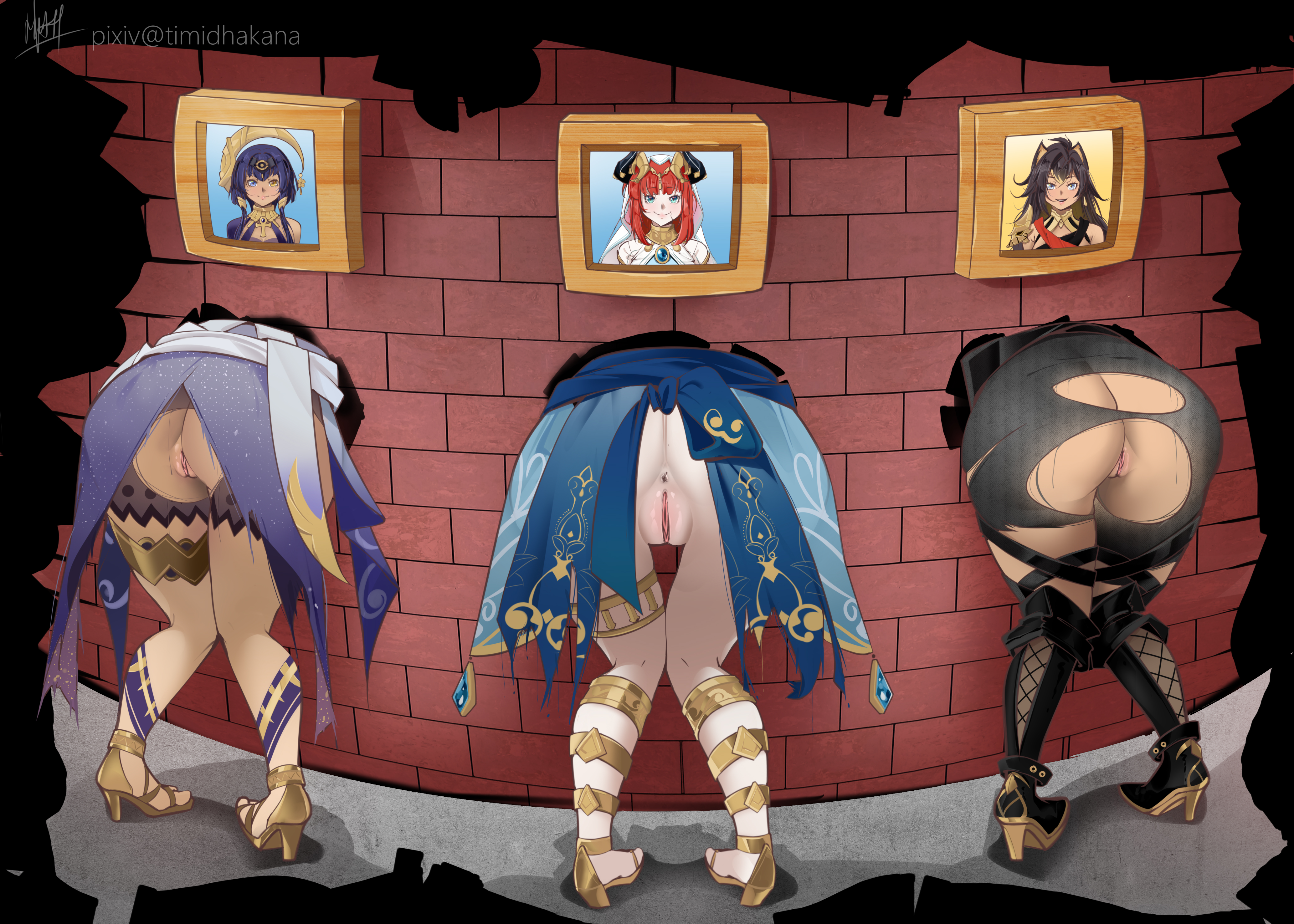 3girls, anus, ass, ass focus, brick wall, brown skin, candace (genshin impact), dehya (genshin impact), exposed pussy, female, female focus, female only, genshin impact, multiple females, multiple girls, nilou (genshin impact), open toe shoes, picture, picture on wall, pussy, ripped clothing, stuck, stuck in wall, sumeru girls, tagme, through wall, timid hakana, uncensored, white skin