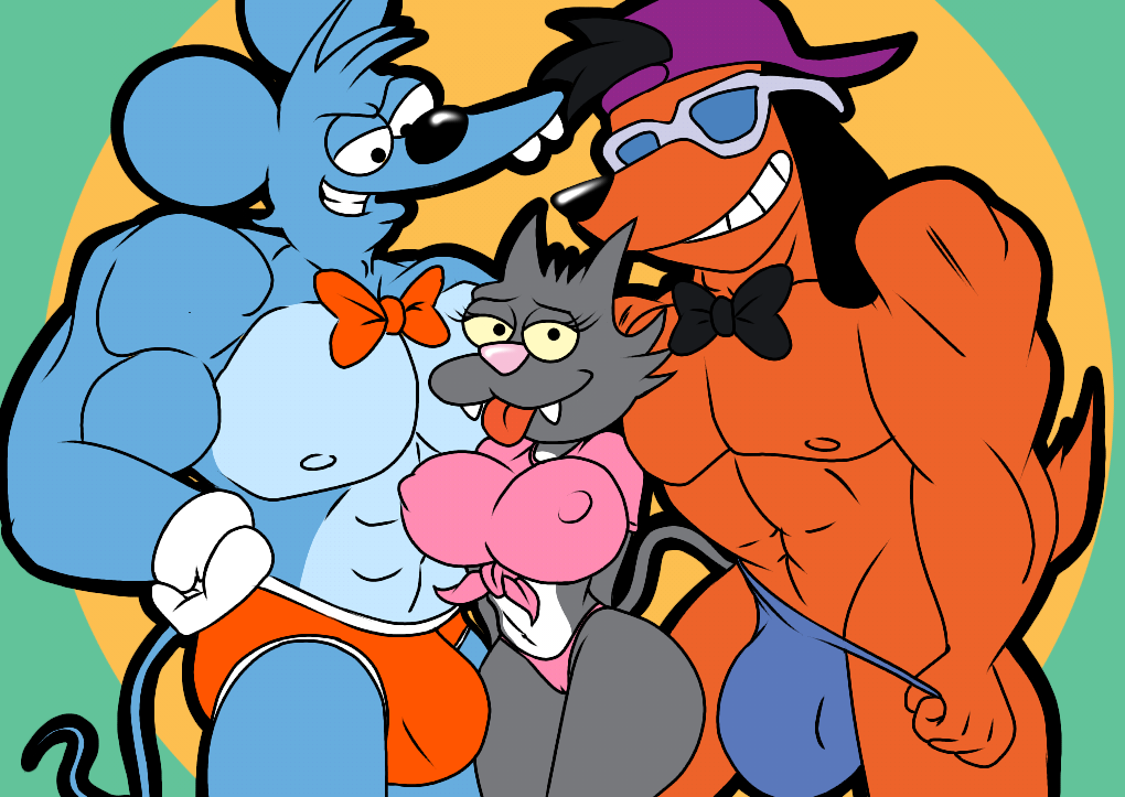 1girls 2boys big_breasts black_fur blue_fur bot_diamond canine clothed feline female glasses imminent_sex itchy_(the_simpsons) looking_at_another looking_at_viewer male mouse multiple_boys poochie_(the_simpsons) red_fur rule_63 scratchy_(the_simpsons) the_simpsons