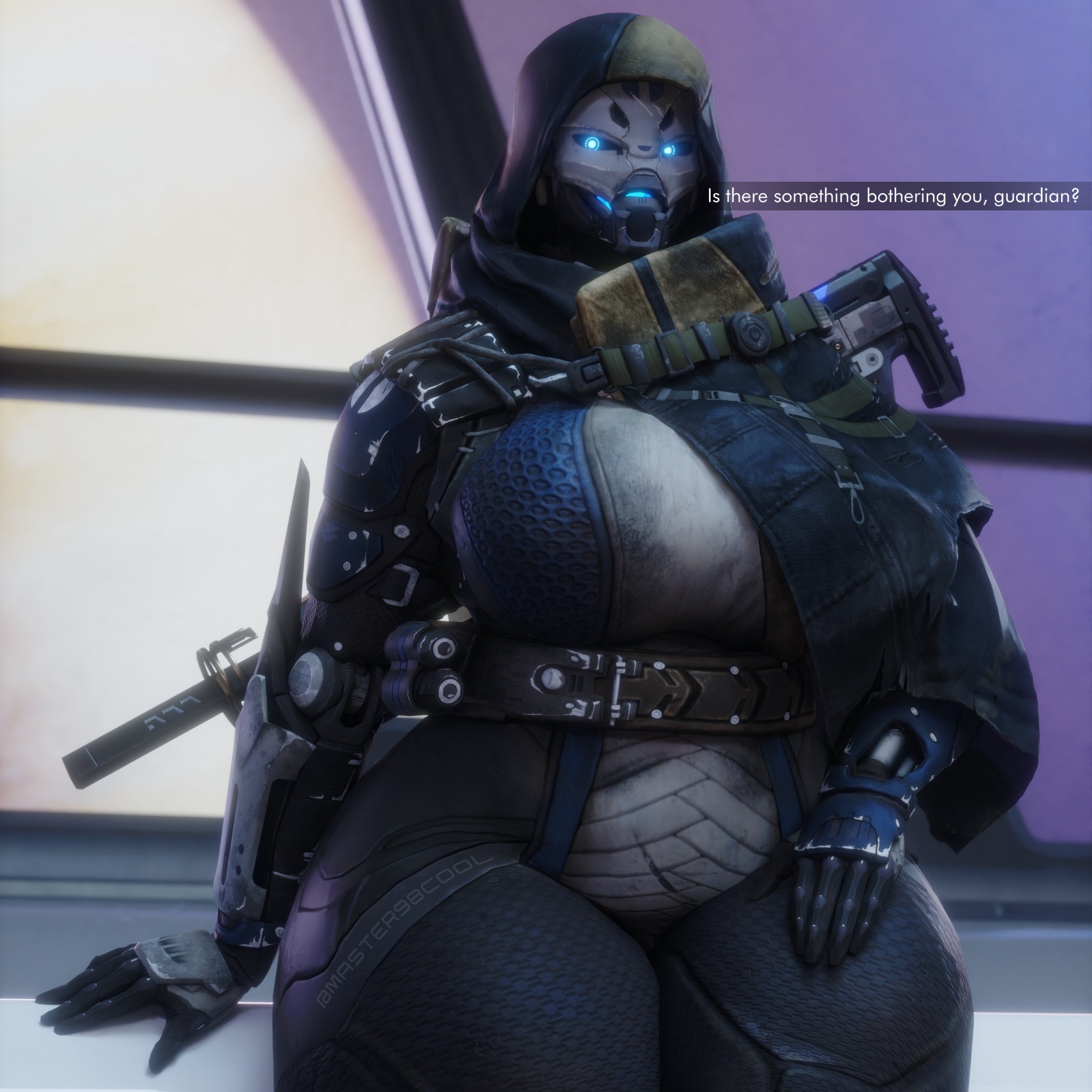 1girls, big breasts, blue eyes, breasts, bungie, chubby, chubby female, coolmaster98, curvy, destiny (game), destiny 2, dialogue, elsie bray, exo, exo stranger, female, huge breasts, looking at viewer, mask, solo, solo female, thick thighs, voluptuous female, wide hips