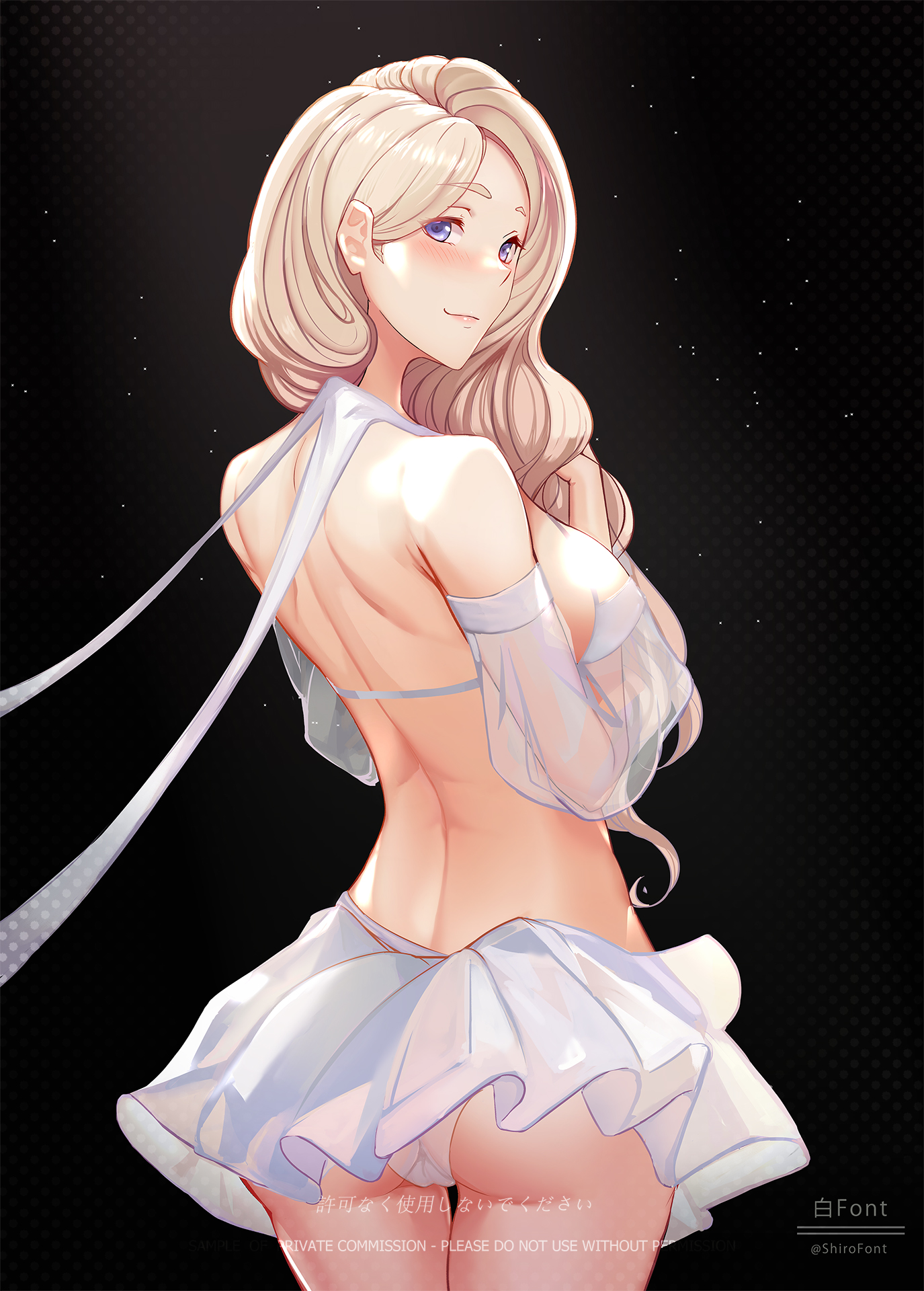 1girls, ass, back, back view, bangs, bare back, bare shoulders, big ass, blonde hair, blush, breasts, detached sleeves, female, female only, fire emblem, fire emblem: three houses, highres, large breasts, long hair, long sleeves, looking at viewer, looking back, mercedes von martritz, miniskirt, nintendo, panties, parted bangs, puffy long sleeves, puffy sleeves, purple eyes, see-through, shiro font, skirt, smile, solo, thighs, underwear, white panties, white skirt