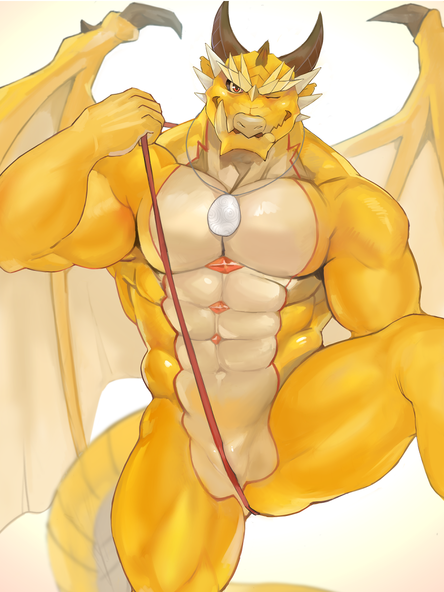 2022 abs animal_genitalia anthro bara black_horn dragon front_view genital_slit genitals hi_res horn male muscular muscular_anthro muscular_male navel one_eye_closed ophion pecs salz_sop scales scalie slit tokyo_afterschool_summoners wings wink yellow_body yellow_scales yellow_wings