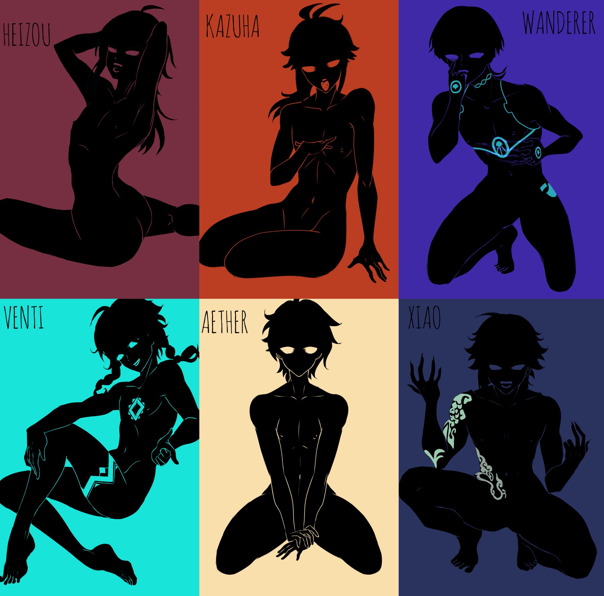 aether (genshin impact), blowjob, cum, didine, femboy, genshin impact, kaedehara kazuha, male, male focus, male only, scaramouche (genshin impact), shikanoin heizou, venti (genshin impact), xiao (genshin impact)