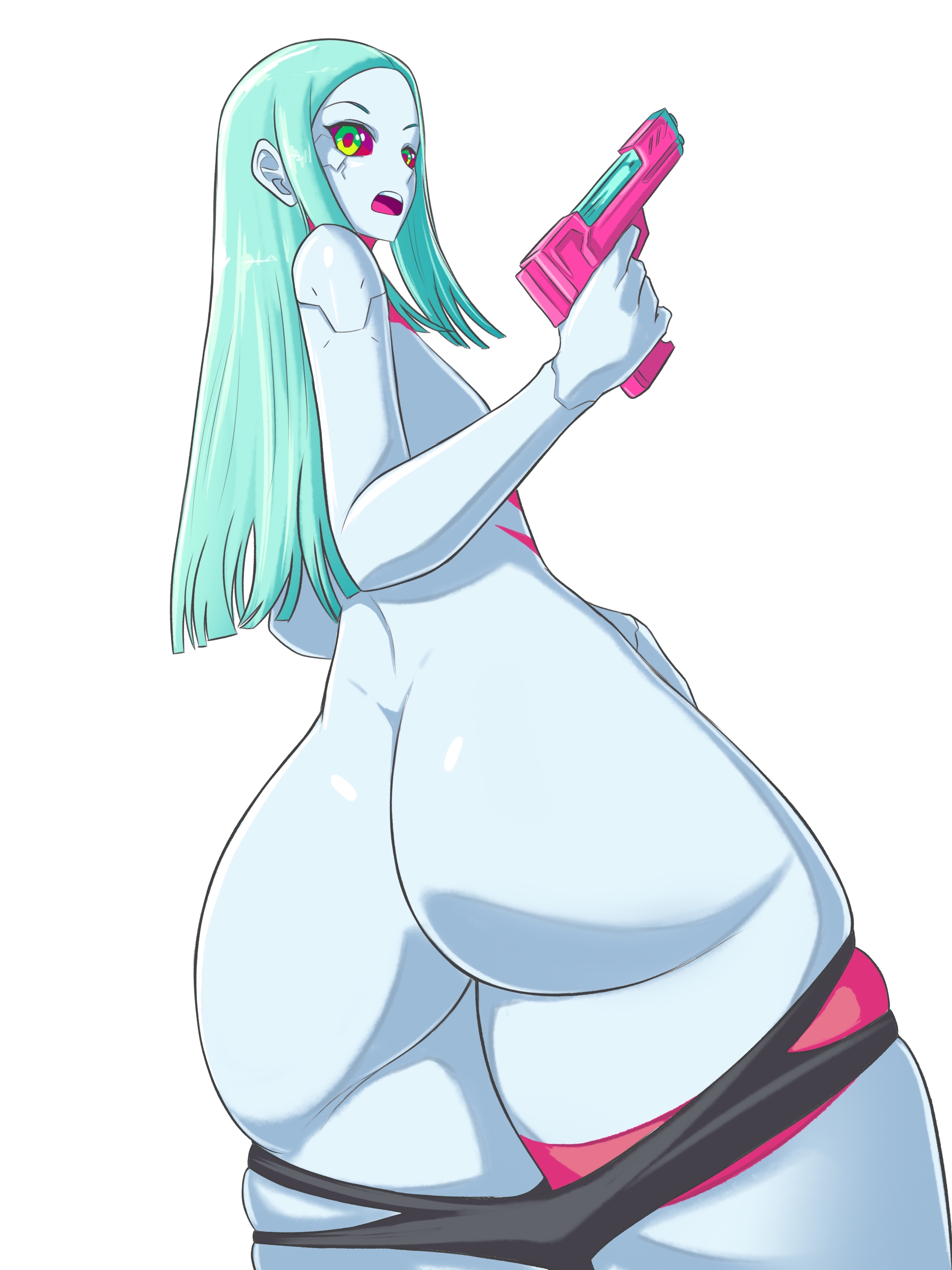 ass, ass focus, ass out, bottom heavy, breasts, cyberpunk: edgerunners, female, female only, firearm, gun, handgun, human, opalisart, pale skin, rebecca (edgerunners), small breasts, weapon