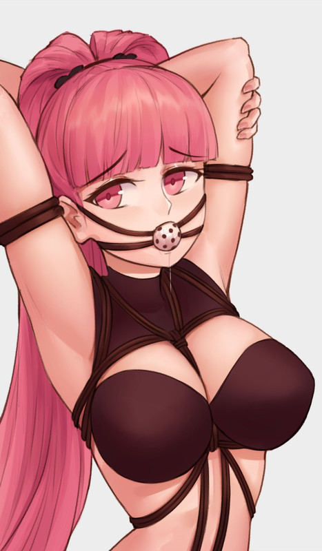 1girls, anonymous artist, arms tied, ball gag, black bra, bondage, bra, breasts, drooling, female, femsub, fire emblem, fire emblem: three houses, gag, gagged, hilda valentine goneril, kosmos (commissioner), large breasts, looking at viewer, nintendo, pink eyes, pink hair, rope, rope between breasts, rope bondage, shibari over clothes, source request, twintails