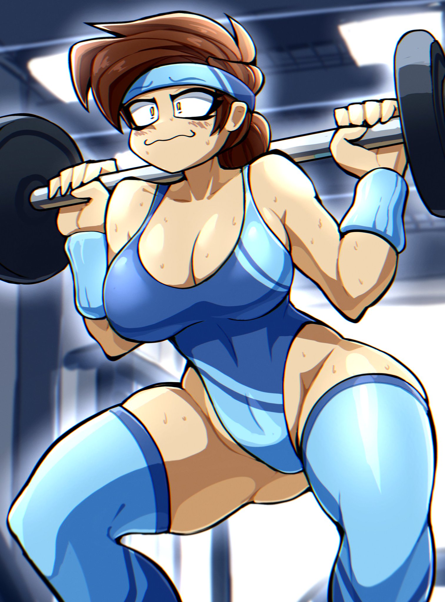 ass, big breasts, bodysuit, breasts, brown hair, clothed, embarrassed, female, female only, fit, fit female, headband, hourglass figure, human, kyurby (zzzhodazzz), large breasts, leotard, squatting, thighhighs, weightlifting, wide hips, workout, workout clothes, yellow eyes, zzzhodazzz