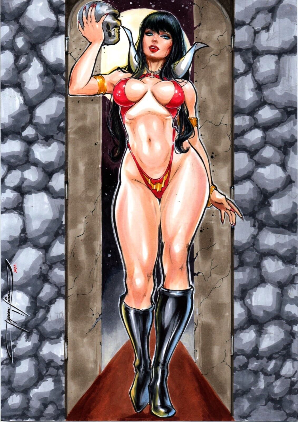 2023 bikini black_hair curvy curvy_body curvy_female curvy_figure dynamite_comics ed_benes_studio hi_res high_heels huge_breasts jeferson_lima leotard long_hair looking_at_viewer seductive_look vampire vampirella