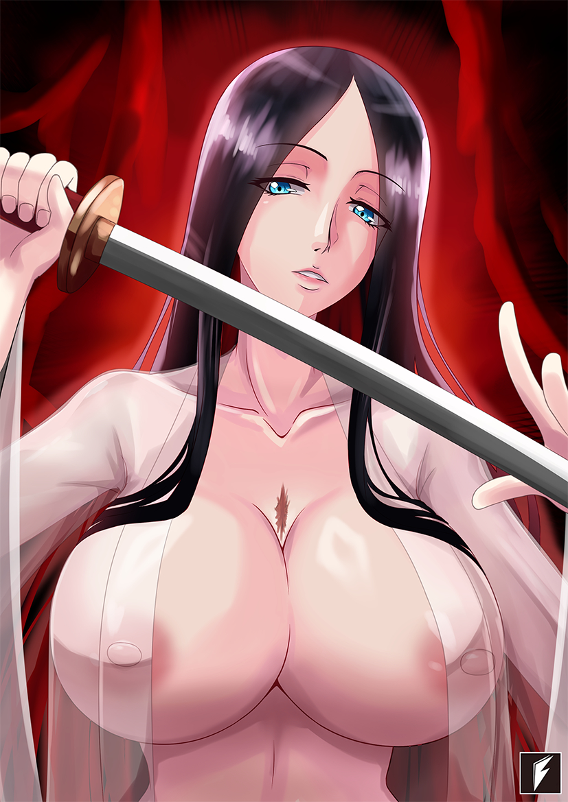 1girls, big breasts, black hair, bleach, blue eyes, blush, breasts, busty, chest scar, cleavage, female, female only, hair down, holding object, holding weapon, katana, kimono, long hair, looking at viewer, loose hair, mature, mature female, milf, open clothes, open kimono, robe, see-through, see-through clothing, solo, solo focus, sword, teng zhai zi, unohana retsu, unsheathing, upper body, weapon, wet, wet clothes