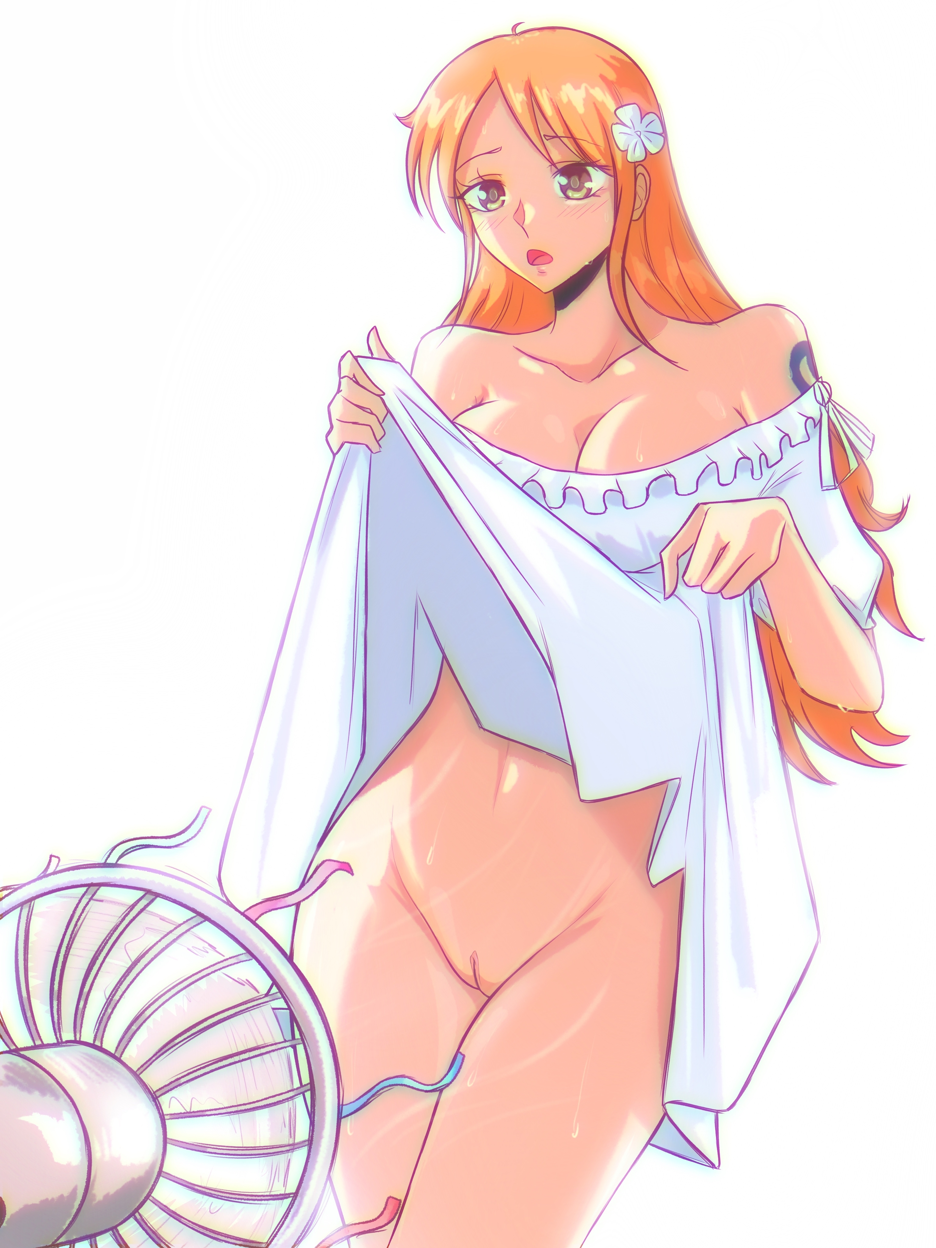 1girls, arm tattoo, blue tattoo, brown eyes, cleavage, cooling off, electric fan, fan, female, female only, lifting dress, nami (one piece), one piece, opalisart, orange hair, orange-haired female, post-timeskip, sweat, sweatdrop, tattoo, tattoo on arm, tattooed arm
