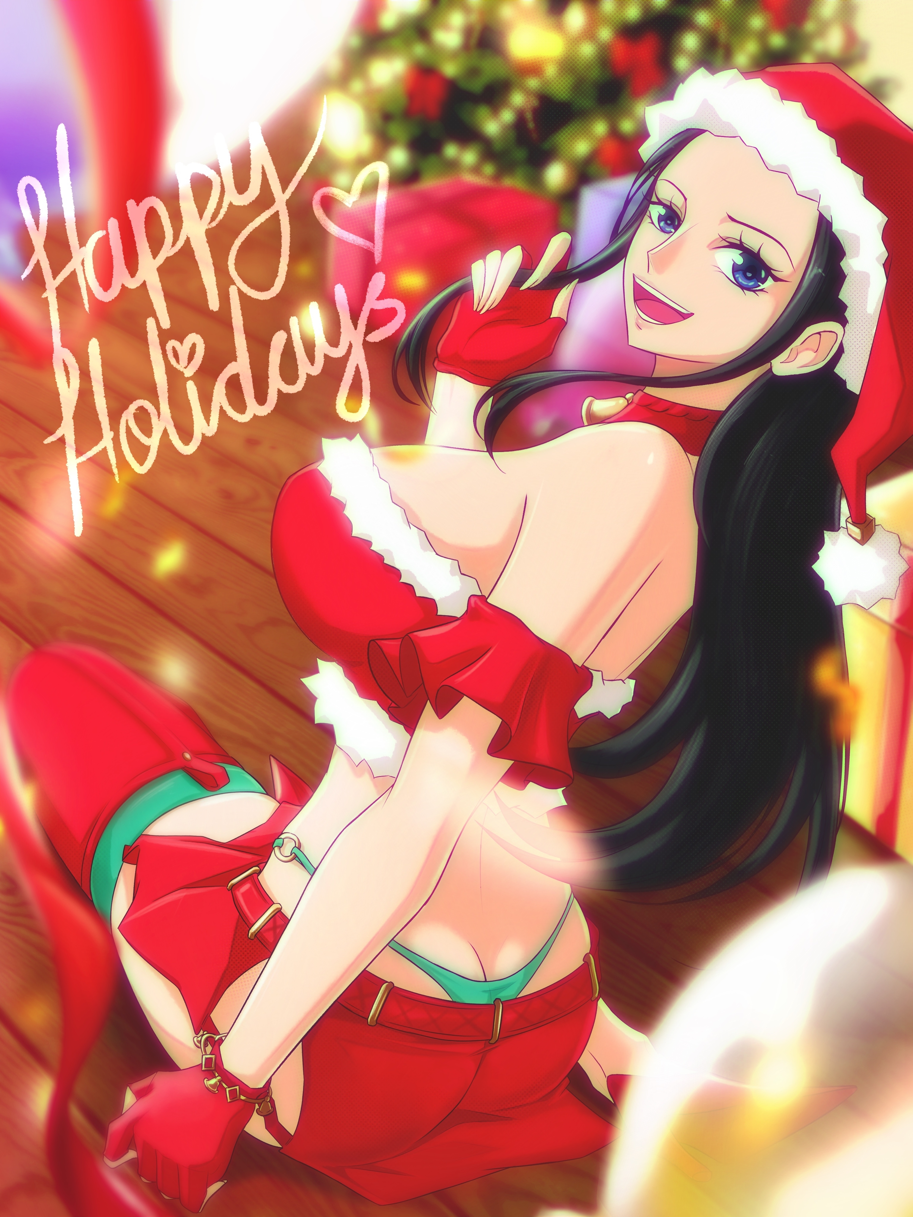 1girls, black hair, black-haired female, christmas, female, female only, happy holidays, nico robin, one piece, opalisart, post-timeskip, santa hat, skirt
