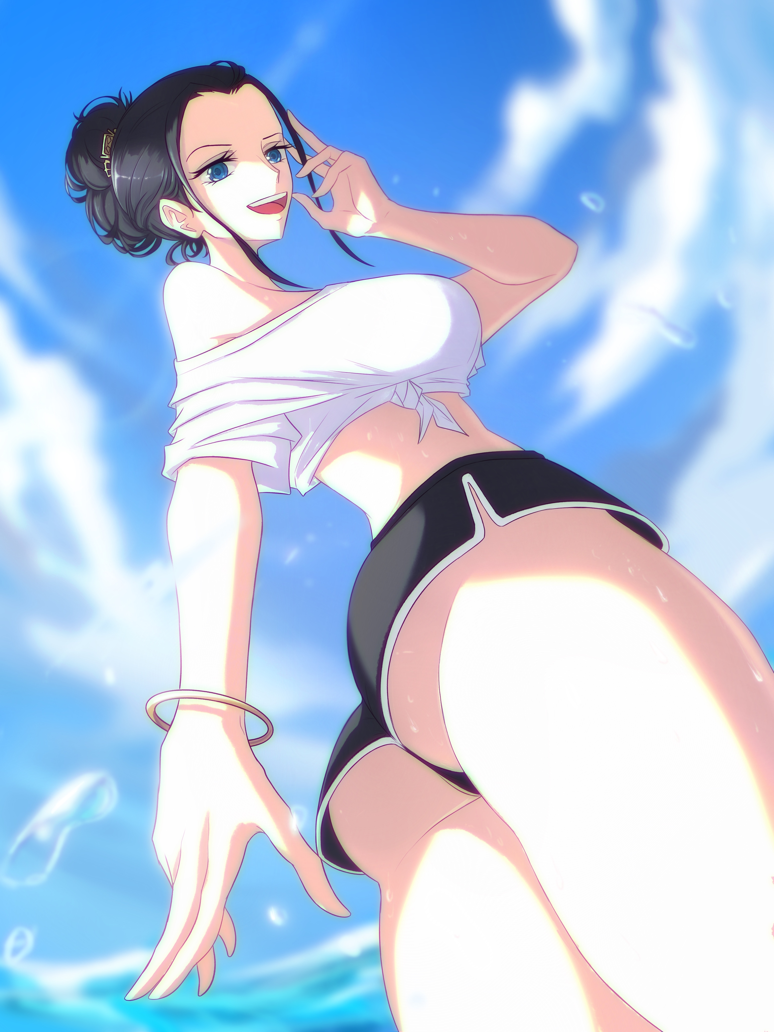 1girls, black hair, black-haired female, blue eyes, female, female only, nico robin, one piece, opalisart, post-timeskip, shorts, tied hair