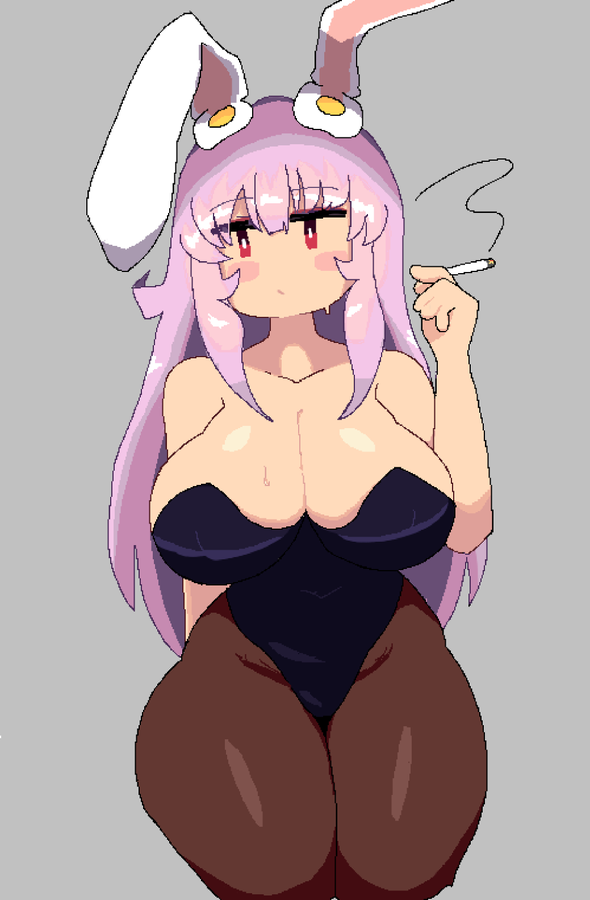 1girls big big_breasts bunny_ears bunny_girl cleavage curvy_body grey_background light-skinned_female notnoe_(dxcl) purple_hair red_eyes reisen_udongein_inaba smoking thick_thighs touhou