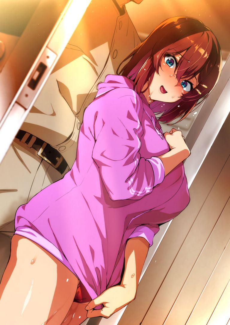 1boy, 1girls, akane nanao, akane wa tsumare somerareru, blue eyes, buruma, cheating, cheating girlfriend, female, hair between eyes, hair ornament, imminent rape, imminent sex, male, medium hair, netorare, open mouth, panties, pink sweater, pussy, pussy juice, pussy juice trail, red hair, red panties, standing, sweat, sweatdrop, sweater, takeda hiromitsu, teacher, teacher and student, underwear, worried