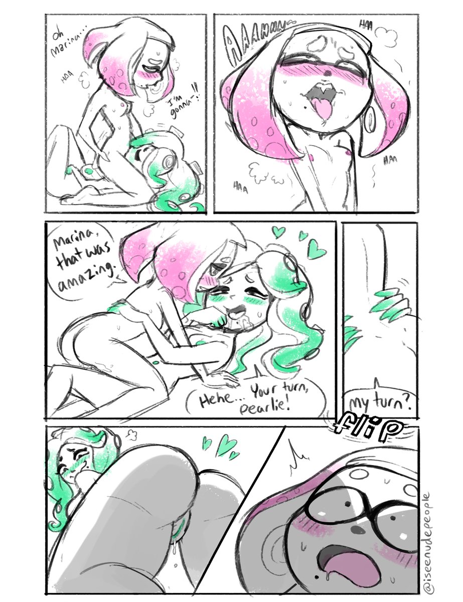 2017, 2girls, areolae, ass, big ass, breasts, cephalopod humanoid, comic, cunnilingus, death by snoo snoo, facesitting, female, female only, funny, green hair, inkling, iseenudepeople, limited palette, marina (splatoon), multiple females, multiple girls, nipples, octoling, pearl (splatoon), pink hair, pussy, sex, splatoon, splatoon (series), splatoon 2, taking turns, yuri