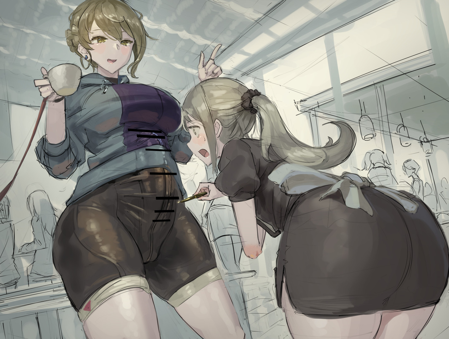 1futa, 1girls, 2023, ass, bar censor, bent over, big ass, big breasts, big butt, bike shorts, blonde hair, breasts, bulge, censored, clothed, clothing, cock shock, duo focus, erection, erection under clothes, female, fully clothed, futa sans balls, futanari, huge cock, human, intersex, kazo, large ass, light skin, light-skinned female, light-skinned futa, long hair, open mouth, parka-chan (kazo), penis, short hair, shorts, standing, tea