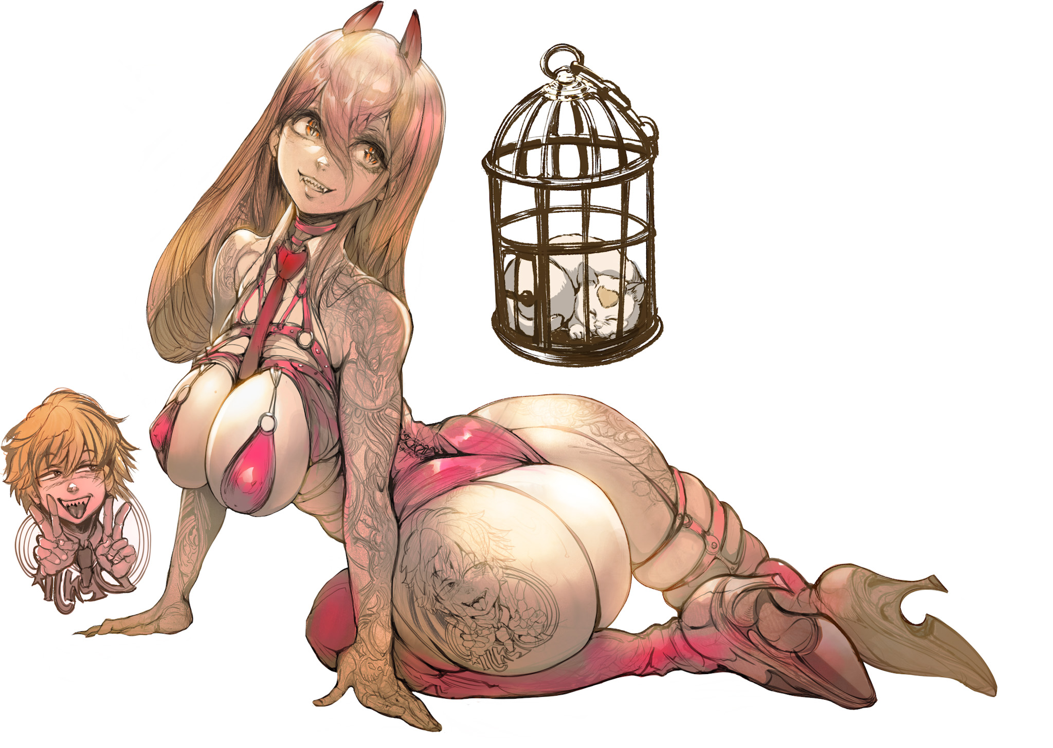 2d, ass, big breasts, breasts, chainsaw man, denji (chainsaw man), female, horns, lingerie, long hair, meowy (chainsaw man), monster girl, parkjinsuky, power (chainsaw man), seductive smile, sharp teeth, smile