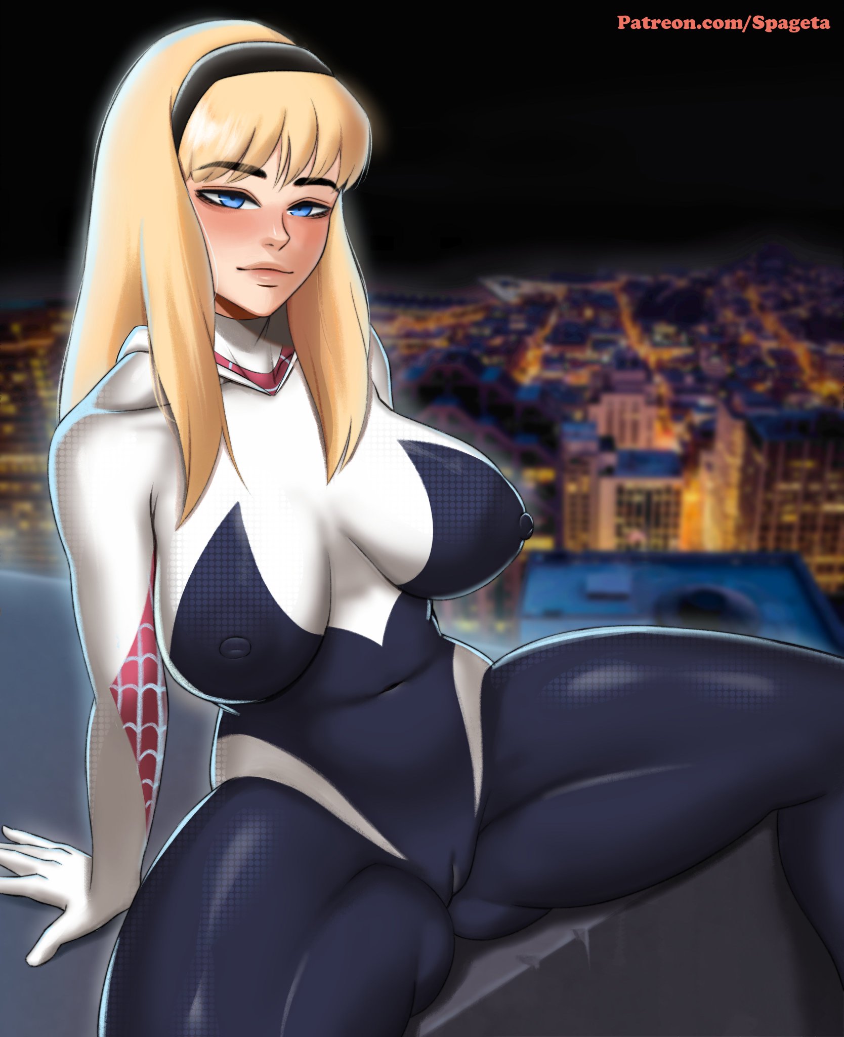 1girls, before sex, big breasts, blonde hair, bodysuit, breasts, cameltoe, female, gwen stacy, hairband, long hair, marvel, marvel comics, pussy, spageta, spider-gwen, spider-man (series), spider-man: into the spider-verse, spread legs