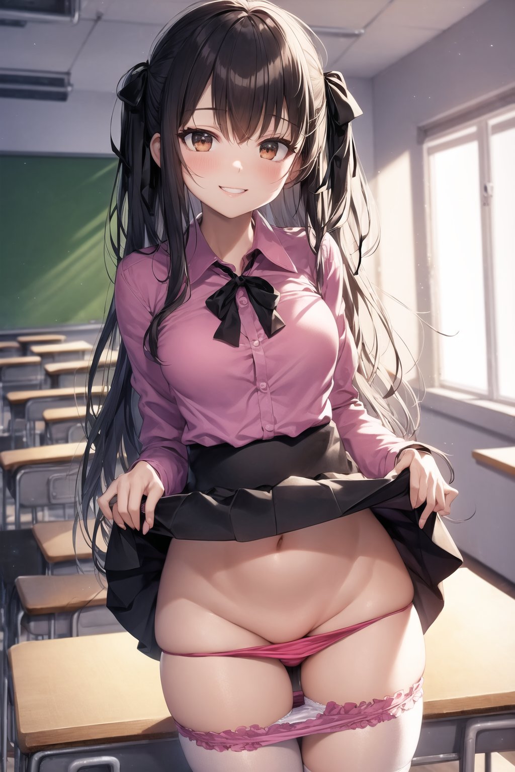 2020s, 2023, ai generated, black hair, female, female focus, female only, hi res, high resolution, highres, looking at viewer, nai diffusion, pink panties, school uniform, schoolgirl, smiling at viewer, stable diffusion, voluptuous female