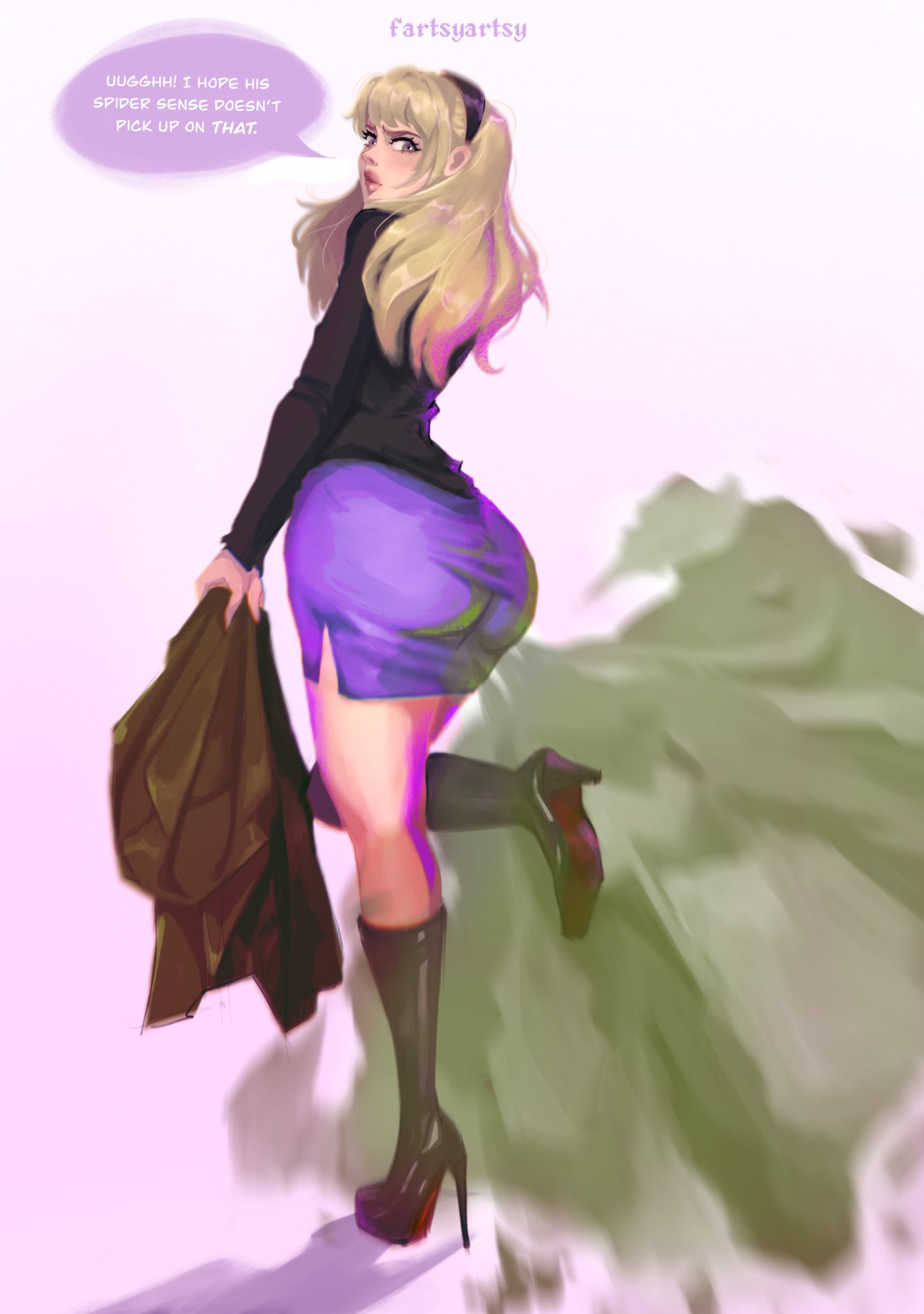 1girls, ass, big ass, blonde hair, boots, dialogue, fart, fart cloud, fart fetish, farting, fartsyartsy, fat ass, female, gwen stacy, gwen stacy (classic), headband, high heel boots, marvel, marvel comics, text, wide hips