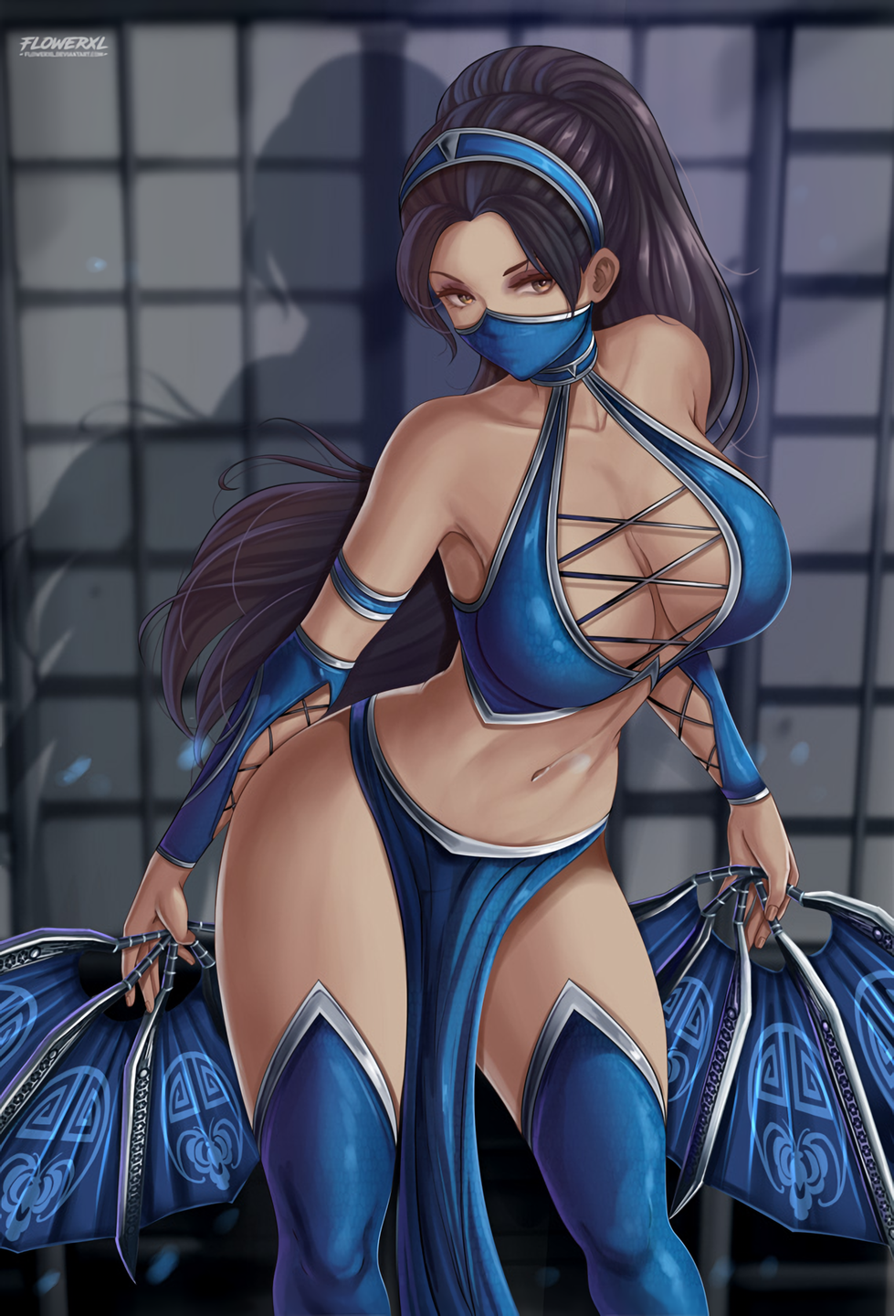 2d alluring armwear athletic_female bare_thighs big_breasts black_hair bladed_fan breasts brown_eyes cleavage female female_abs fit_female flowerxl kitana kitana_(mk9) knee_boots knee_high_boots long_hair mortal_kombat mortal_kombat_(2011) pinup pose solo solo_female