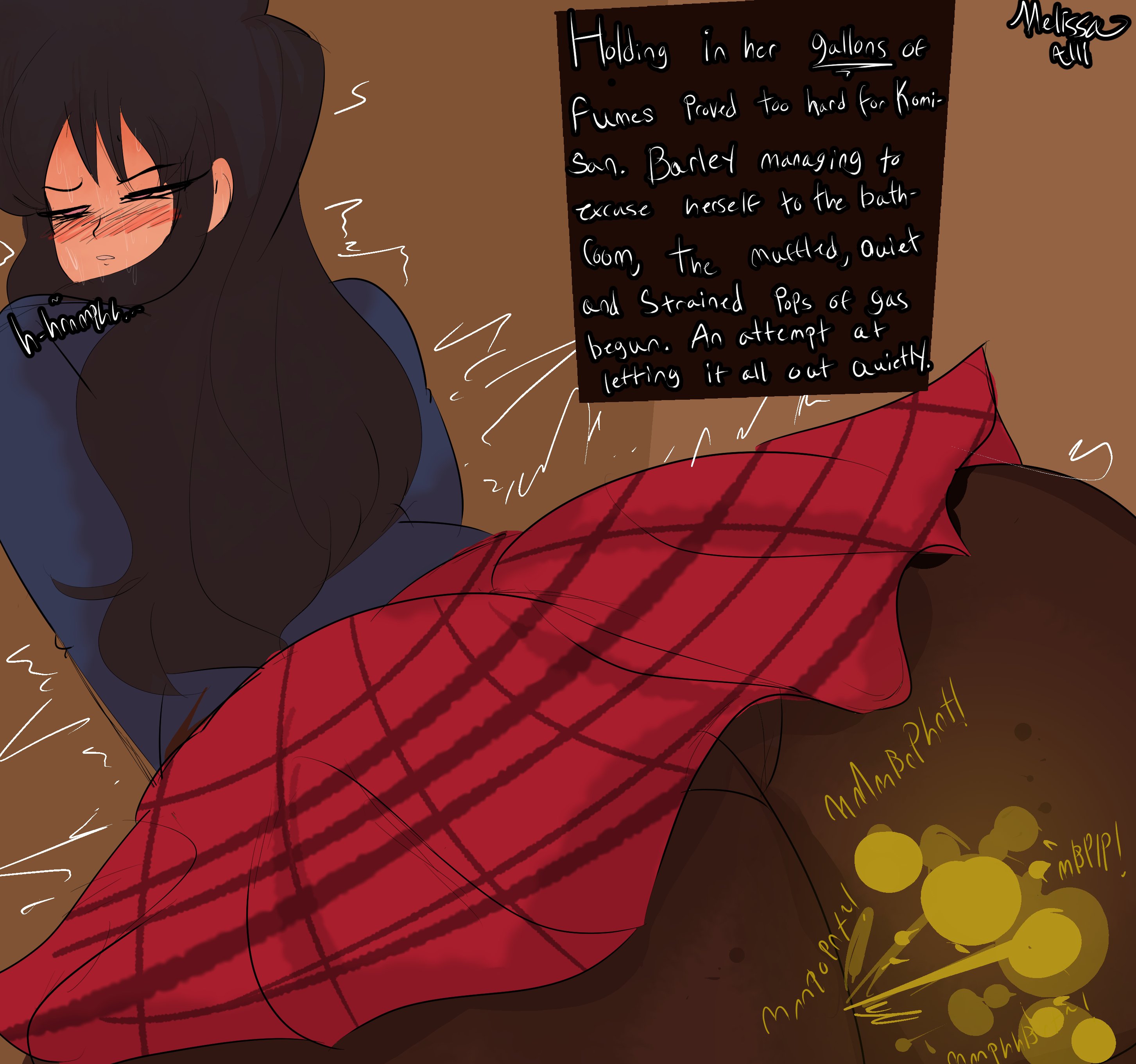 1girls, ass, big ass, big butt, black hair, black pantyhose, blush, english text, fart, fart cloud, fart fetish, farting, female, komi shouko, komi-san wa komyushou desu, melissaalli, panties, panties under pantyhose, pantyhose, pink eyes, rear view, red skirt, skirt, solo female, text