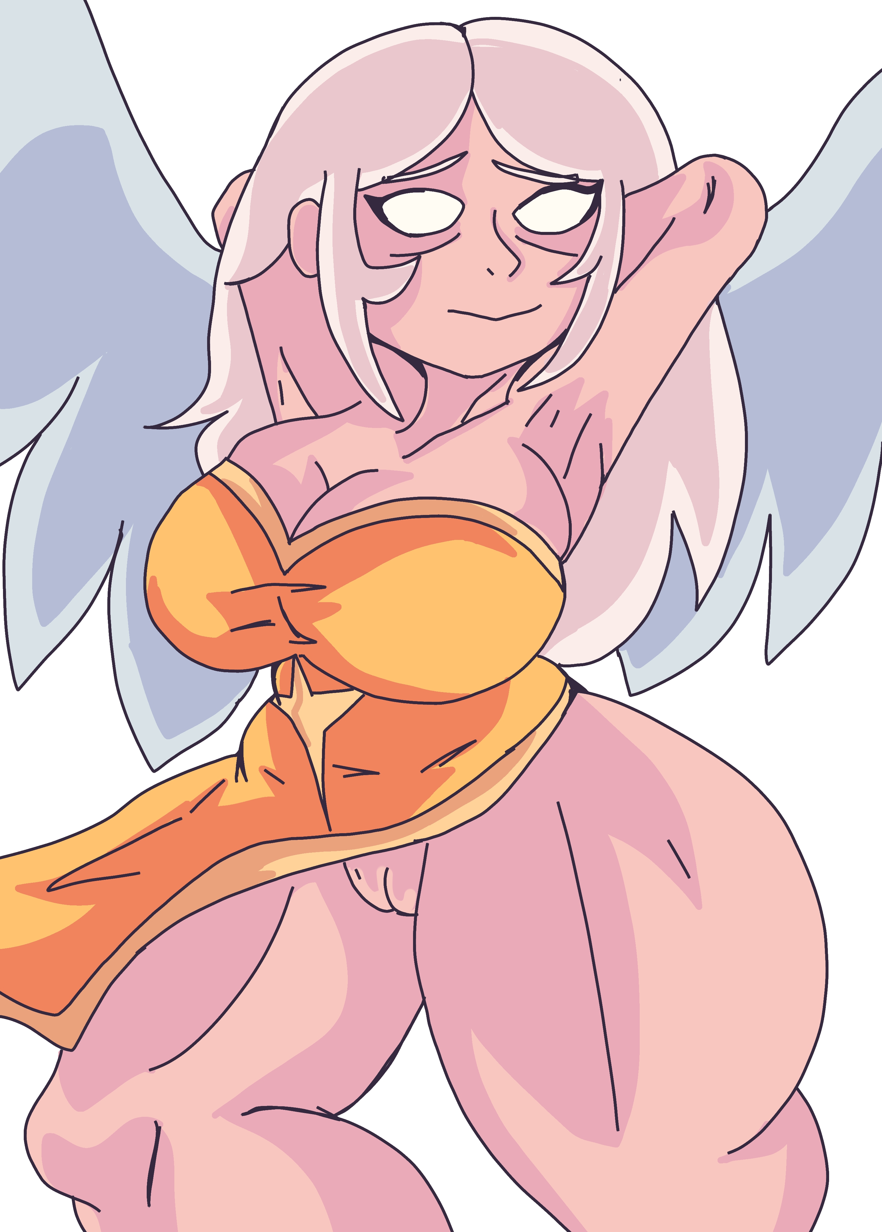arms behind head, big breasts, blind, breasts, clash (series), clash a rama, clash of clans, dress, dress aside, female, female only, healer (clash of clans), huge breasts, looking at viewer, no panties, partially clothed, partially clothed female, pussy, solo, solo female, wardrobe malfunction, white background, white hair, wingsrntriplexc
