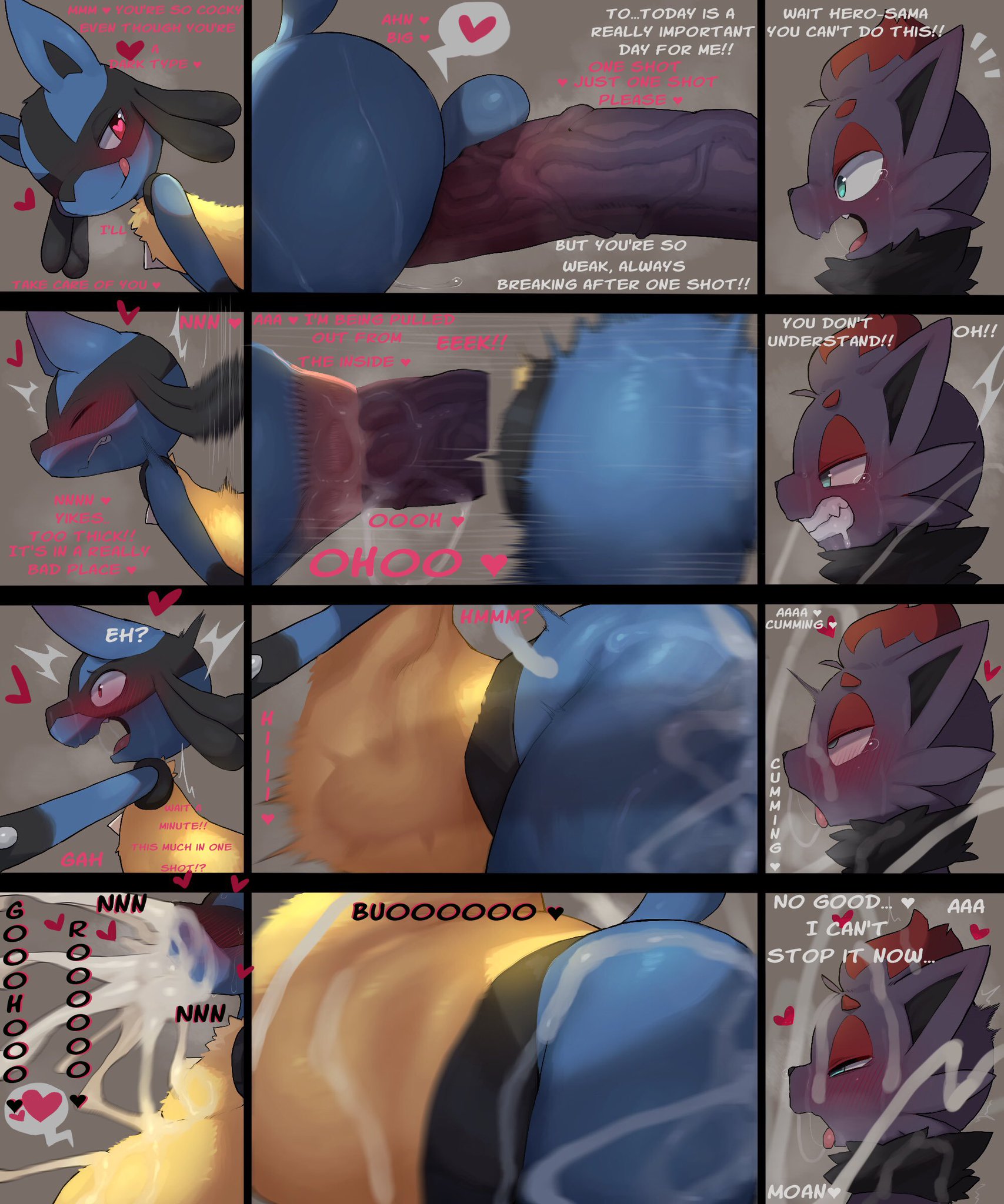 2boys, anal, anal sex, anthro, ass, big ass, big belly, big penis, blue fur, comic, cum, cum in ass, cum inside, cum out mouth, cum out nose, cum through, cumflation, excessive cum, gay, huge ass, huge cock, inflation, looking pleasured, lucario, male, male only, penetration, penis, pokemon, pokemon (species), sex, small but hung, stomach bulge, syuro, textless version, thick thighs, through wall, translated, yaoi, zorua