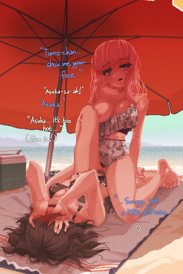 2girls beach blush exhibitionism female female_only female_pubic_hair karamel_flan katou_asuka kuroki_tomoko multiple_girls partially_clothed pixel_art pubic_hair public public_sex rubbing_pussy scissoring tribadism watashi_ga_motenai_no_wa_dou_kangaetemo_omaera_ga_warui! yuri