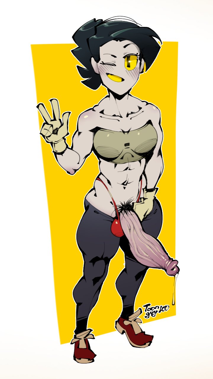 1futa, 2023, balls, big penis, breasts, clothed, clothing, erection, foreskin, full body, futa only, futanari, gloves, grey skin, hatgirl (toonguy100), huge cock, humanoid, humanoid penis, intersex, medium breasts, mostly clothed, partially retracted foreskin, peace sign, penis, precum, pubes, red shoes, red underwear, retracted foreskin, self upload, smile, solo, standing, strong, thick penis, toonguy100, uncircumcised, uncut, veiny penis, yellow sclera, yellow teeth